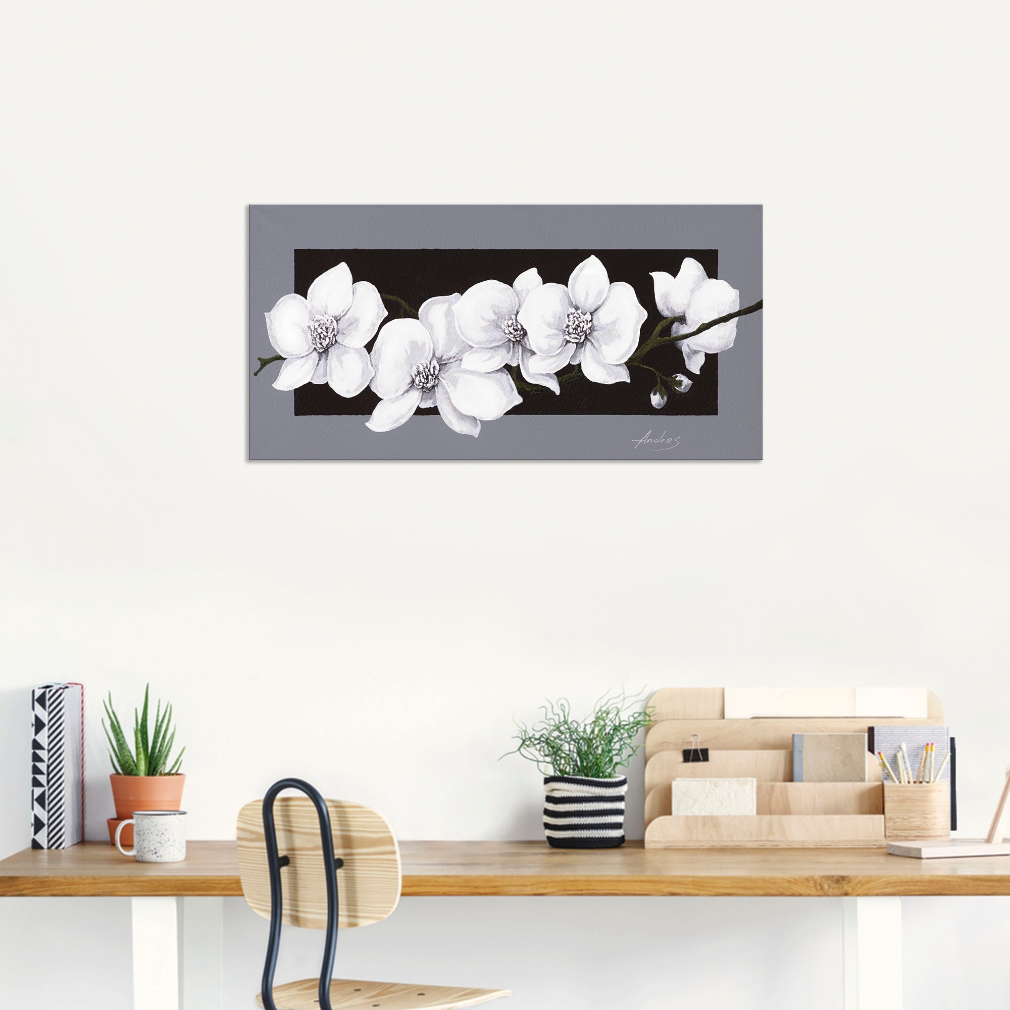 Wandbild ARTLAND "Weiße Orchideen auf grau", schwarz (farbe bild(er): schwarz), B:150cm H:75cm, Bilder, als Alubild, Leinwandbild, Poster in verschied. Größen 3