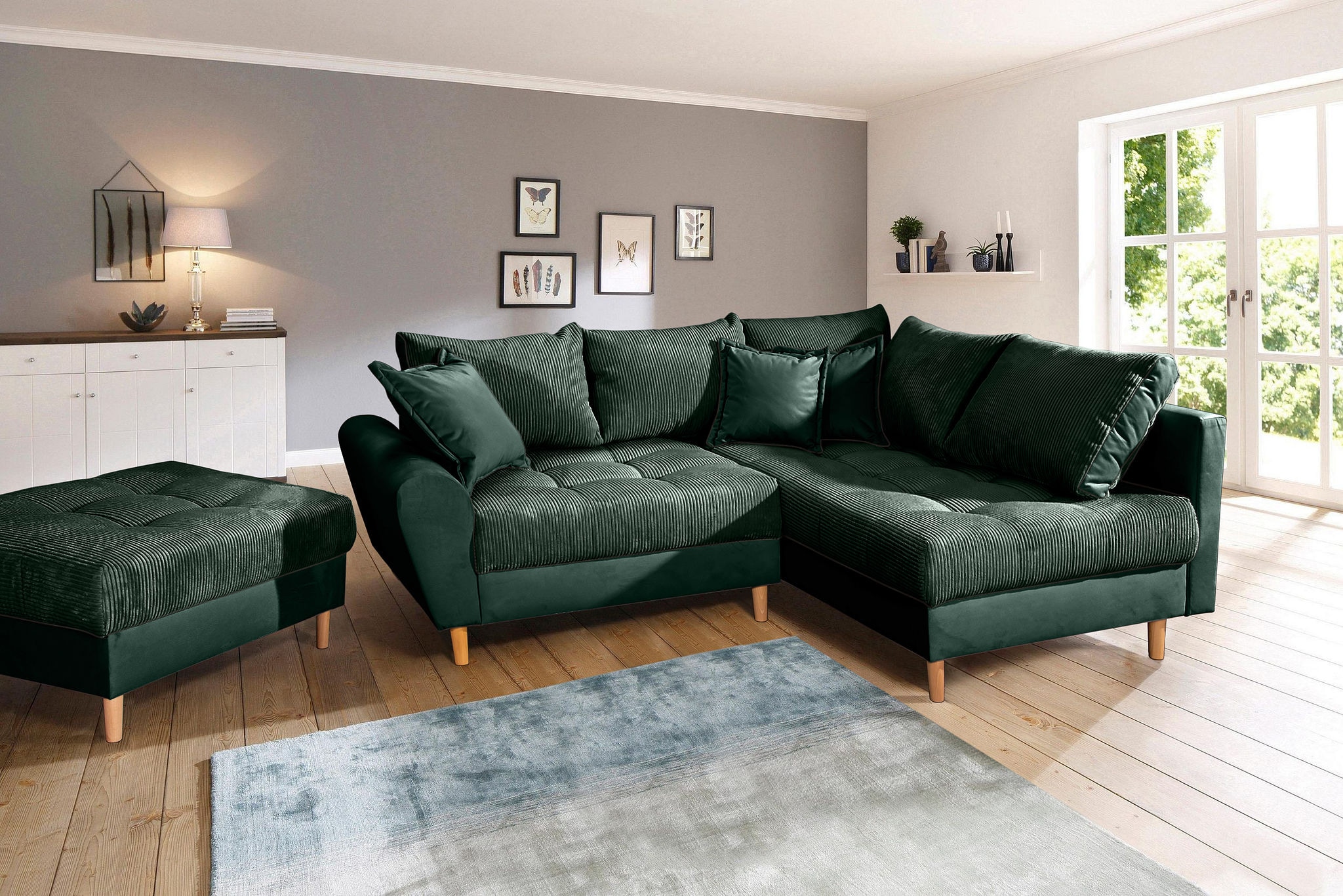 Home affaire Ecksofa »Rice L-Form inkl. Hocker«, (Set, mit Hocker), mit Bonnellfederkern, Hocker & Kissen, Ottomane beidseitig montierbar
