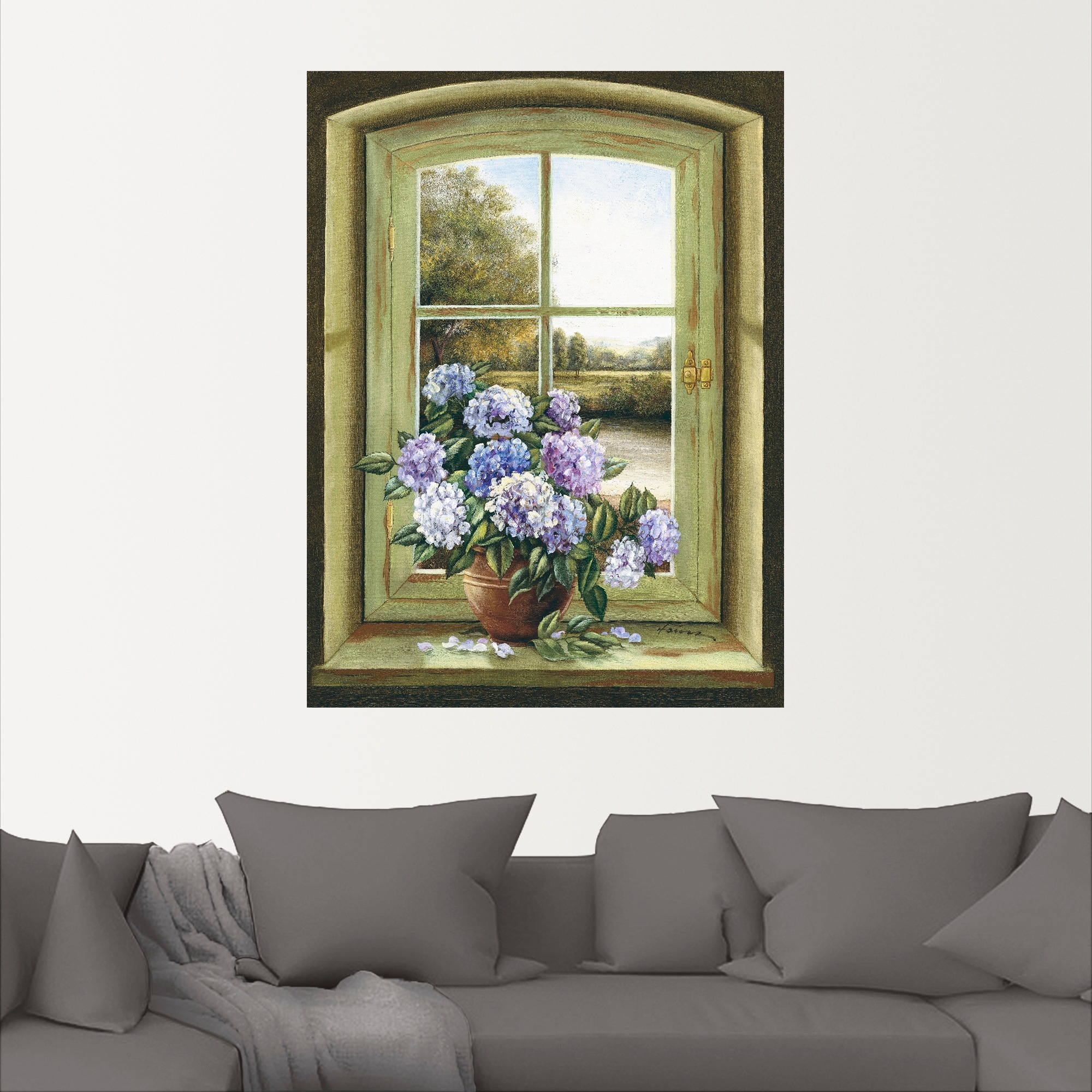 Artland Wandbild »Hortensien am Fenster«, Arrangements, (1 St.), als Alubild, Outdoorbild, Leinwandbild, Poster, Wandaufkleber
