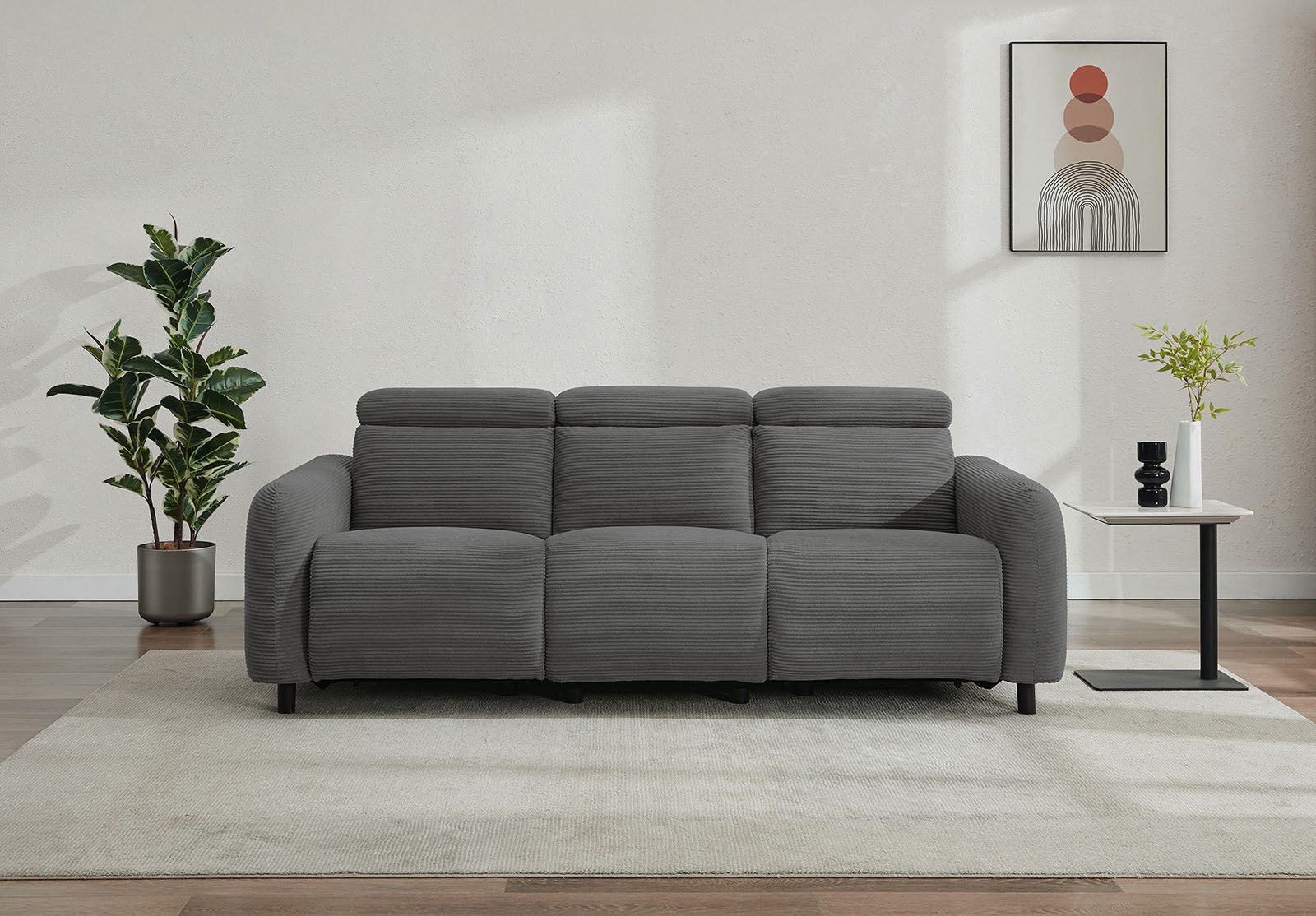3-Sitzer OTTO HOME "SKAANE Cord-Sofa, 229 cm, manuelle u. elektrische Relaxfunktion", grau (anthrazit), B:229cm H:100cm T:100cm, 100% Polyester, Sofas, Relax-Funktion in 2 Sitzen, Kopfteilverstellung, Federkernpolsterung