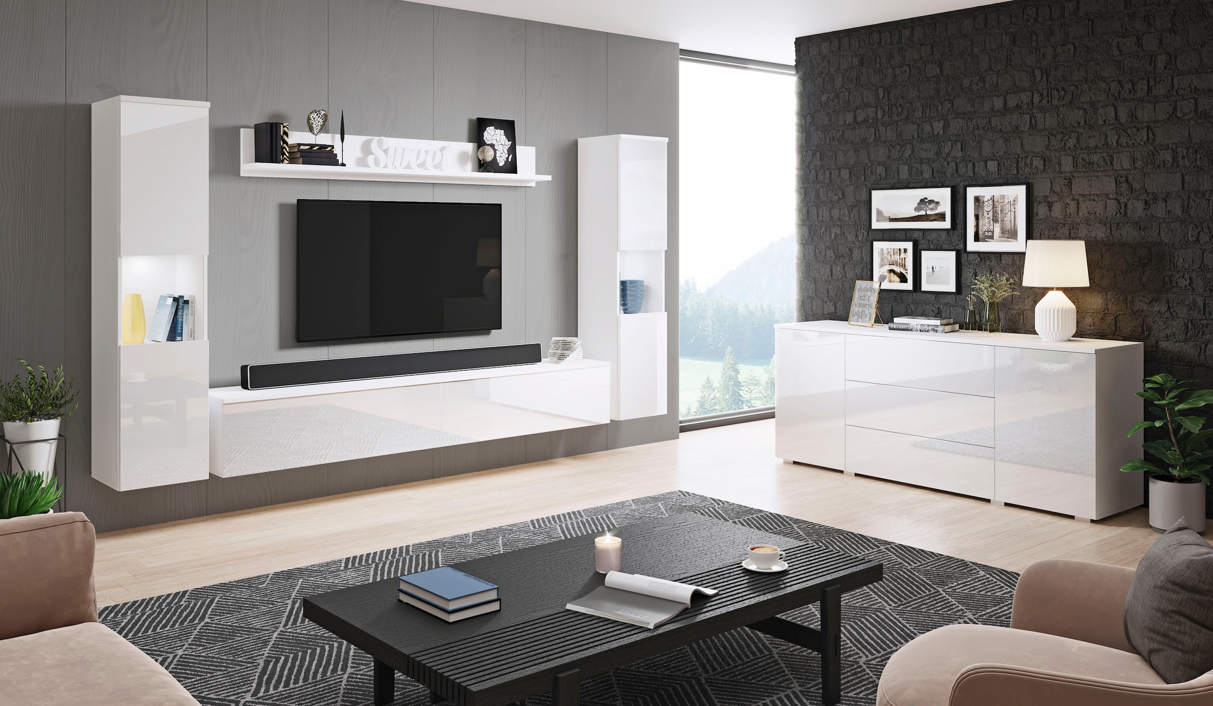 INOSIGN Wohnwand »PARIS, Vitrine Türanschlag links/rechts wechselbar«, (Komplett-Set, 4 St.), grifflose Design, stehend und hängend montierbar
