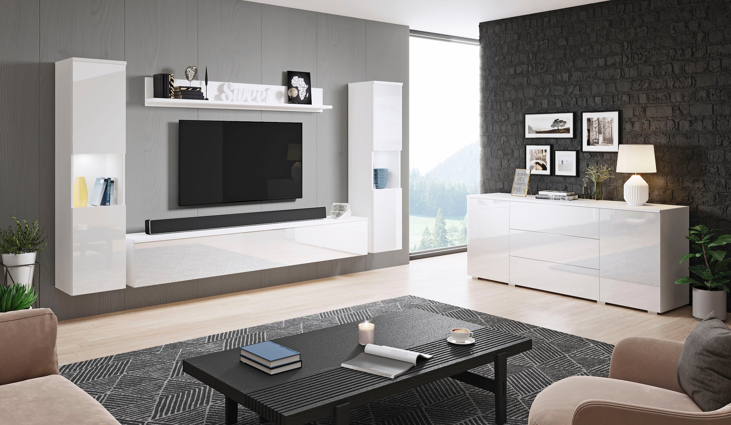 INOSIGN Wohnwand »PARIS«, (Komplett-Set, 4 St.), TV-Wand 260cm breite, grifflose Design, stehend und hängend montierbar