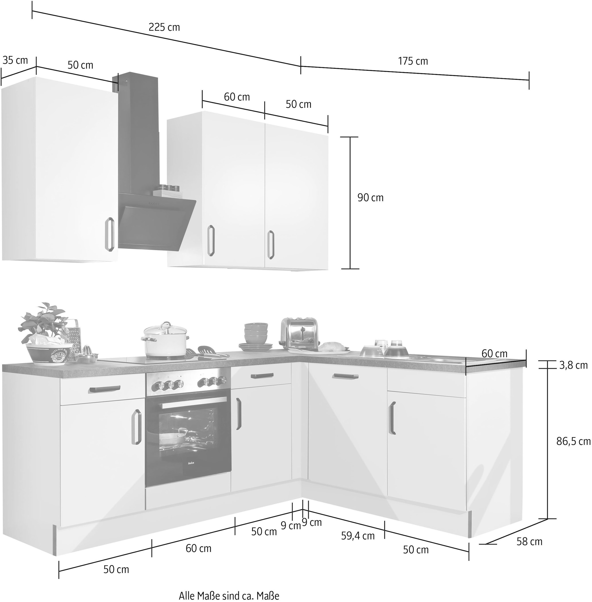 wiho Küchen Winkelküche »"Simi", mit verstellbaren Füßen, wahlweise mit E-Geräten,«, Soft-Close-Funktion in Schubkästen & Auszügen, Stellbreite 225/175 cm