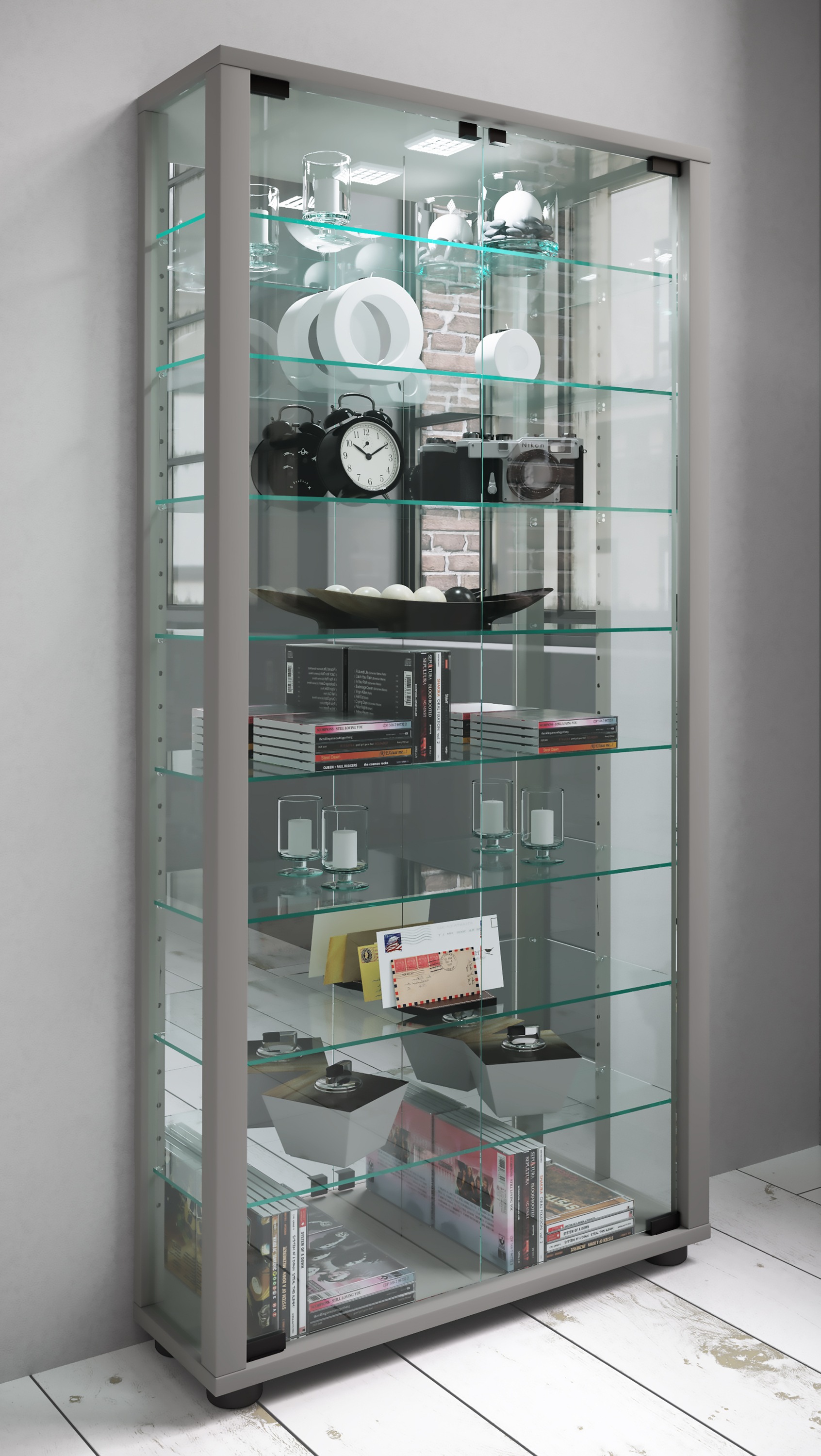VCM Vitrine »VCM Glasvitrine stehend | Vitrine Glas mit ESG-Sicherheitsglas | Maße ca. H. 115 x B. 59 x T. 18 cm | Standvitrine Glas | Modern und platzsparend | Glas Vitrinenschrank ¿ Lumo Maxi Spiegel«, (1 St.)