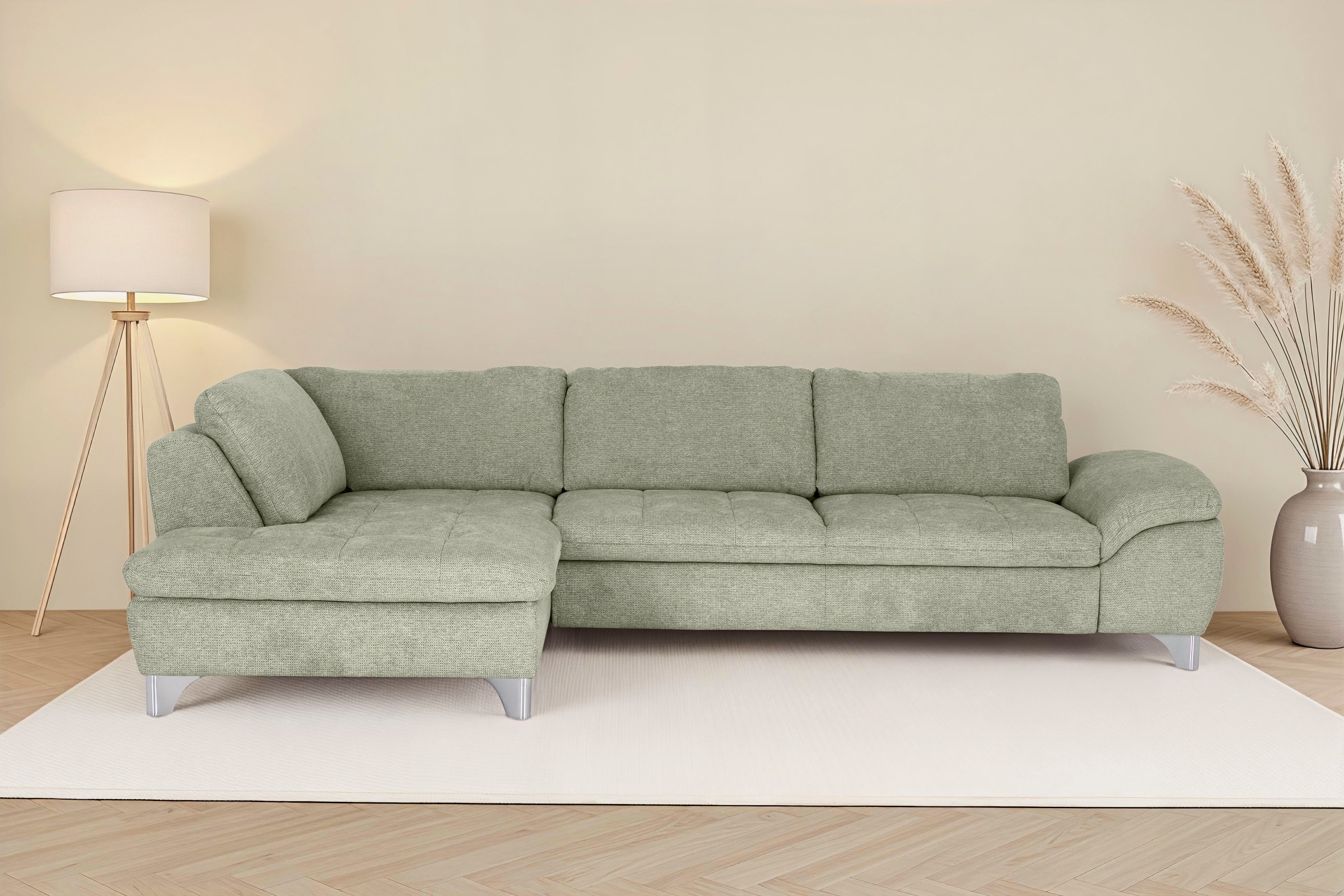 Die PlanBar Ecksofa "Ottomane MP-IN14007 L-Form, Breite 306 cm" wahlweise mit Schlaffunktion und verstellbaren Kopfstützen