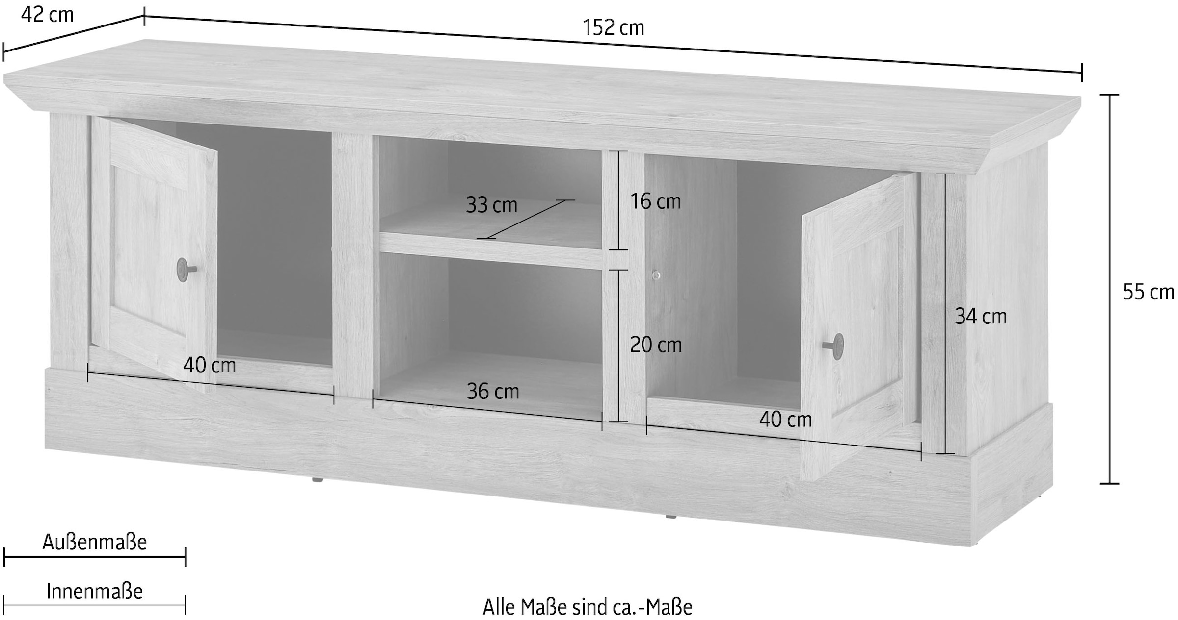 Home affaire Lowboard »Cornwall, Unterschrank im Landhausstil, Kommode, Eiche Dekor«, (1 St.), verschnörkelte Metallgriffe, offene Fächer und Türen, 152 cm breit