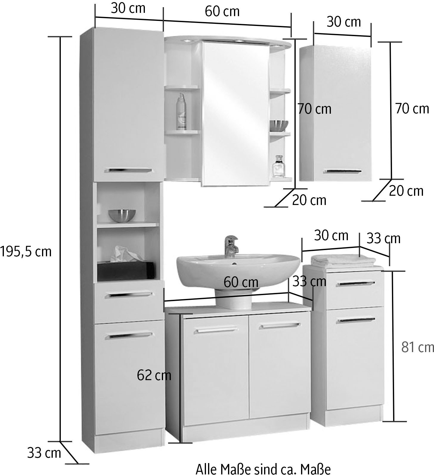 Saphir Badmöbel-Set »Quickset 335 5-teilig, Waschbeckenunterschrank mit LED-Spiegelschrank«, (5 St.), Hochschrank, Unterschrank, Hängeschrank, inkl. Türdämpfer, 7 Türen