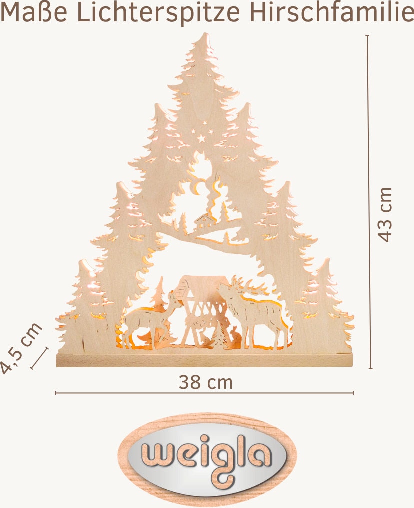 Weigla LED Lichterbogen »Hirschfamilie, Schwibbogen aus Holz, NATUR«, Erzgebirge garantiert, Weihnachtsdeko Innen, Weihnachtsbeleuchtung