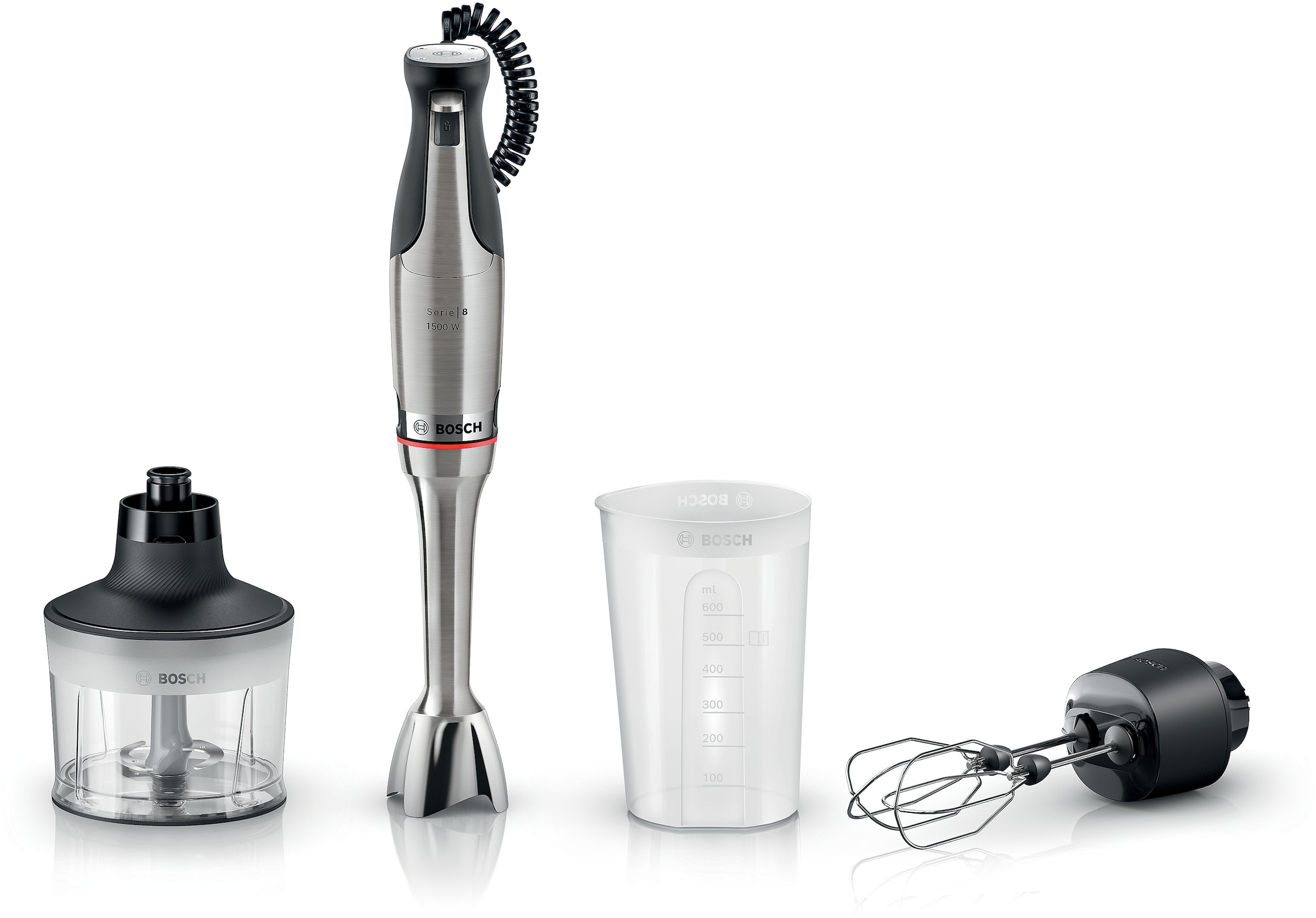 BOSCH Stabmixer "ErgoMaster Serie 8, MSM8M934, Doppelschneebesen, Becher, Zerkleinerer" 1500 W 6 Klingen Edelstahl, Spiralkabel, Keramikkupplung, luftgekühlter Motor