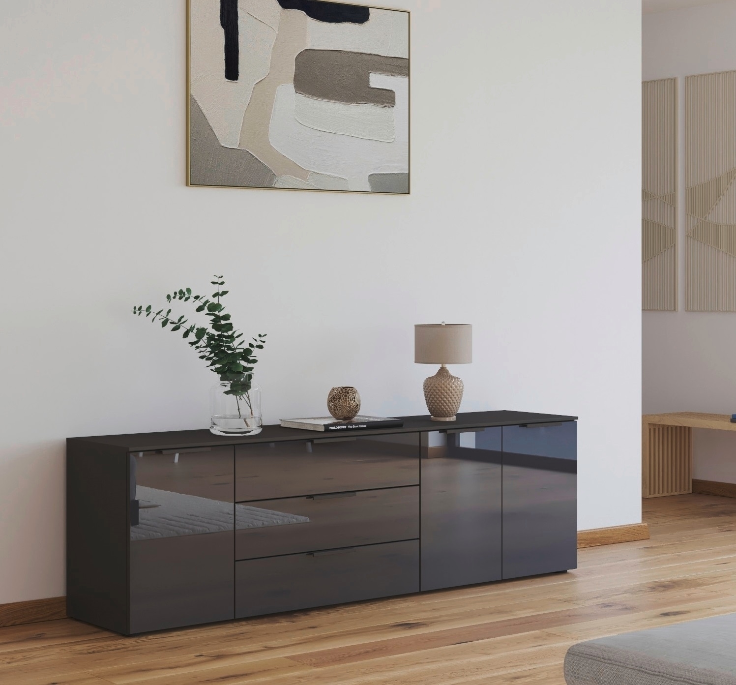 rauch Kombikommode »Kommode Türkommode Sideboard Kombikommode FLIPP mit Glasfront«, (Breite 200 cm mit 2 Einlegeböden), 3-türig mit 3 Schubladen und Soft-Close-Funktion sowie Glasfront
