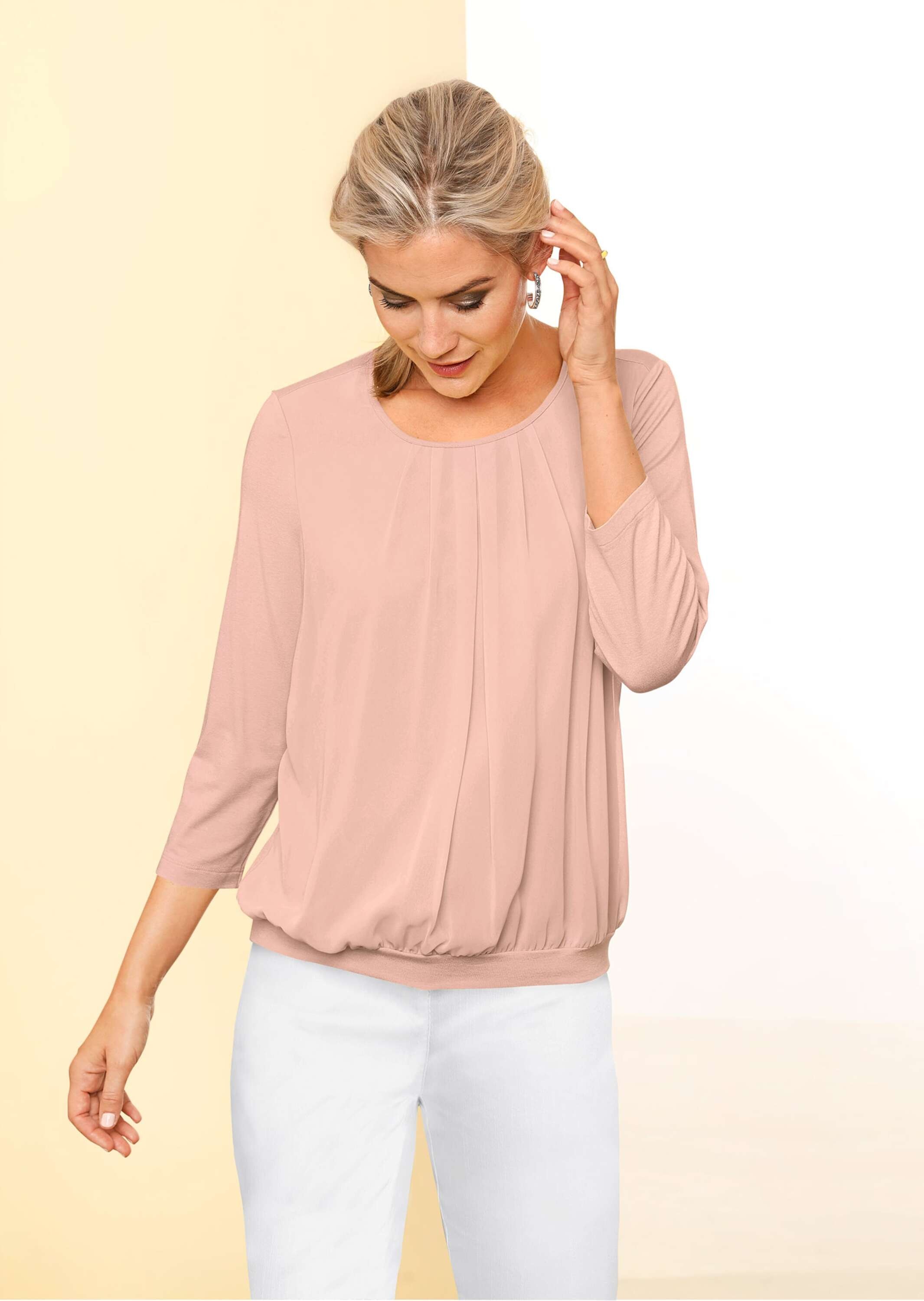 Kurzarmbluse GOLDNER "Kurzgröße Chiffon-Shirt mit 3/4-Arm, Rundhals", Damen, Gr. 22, orange (melba), Obermaterial: 95% Viskose CV. 5% Elasthan EL., Casual, Gerade, Blusen, keine/nicht relevant 3