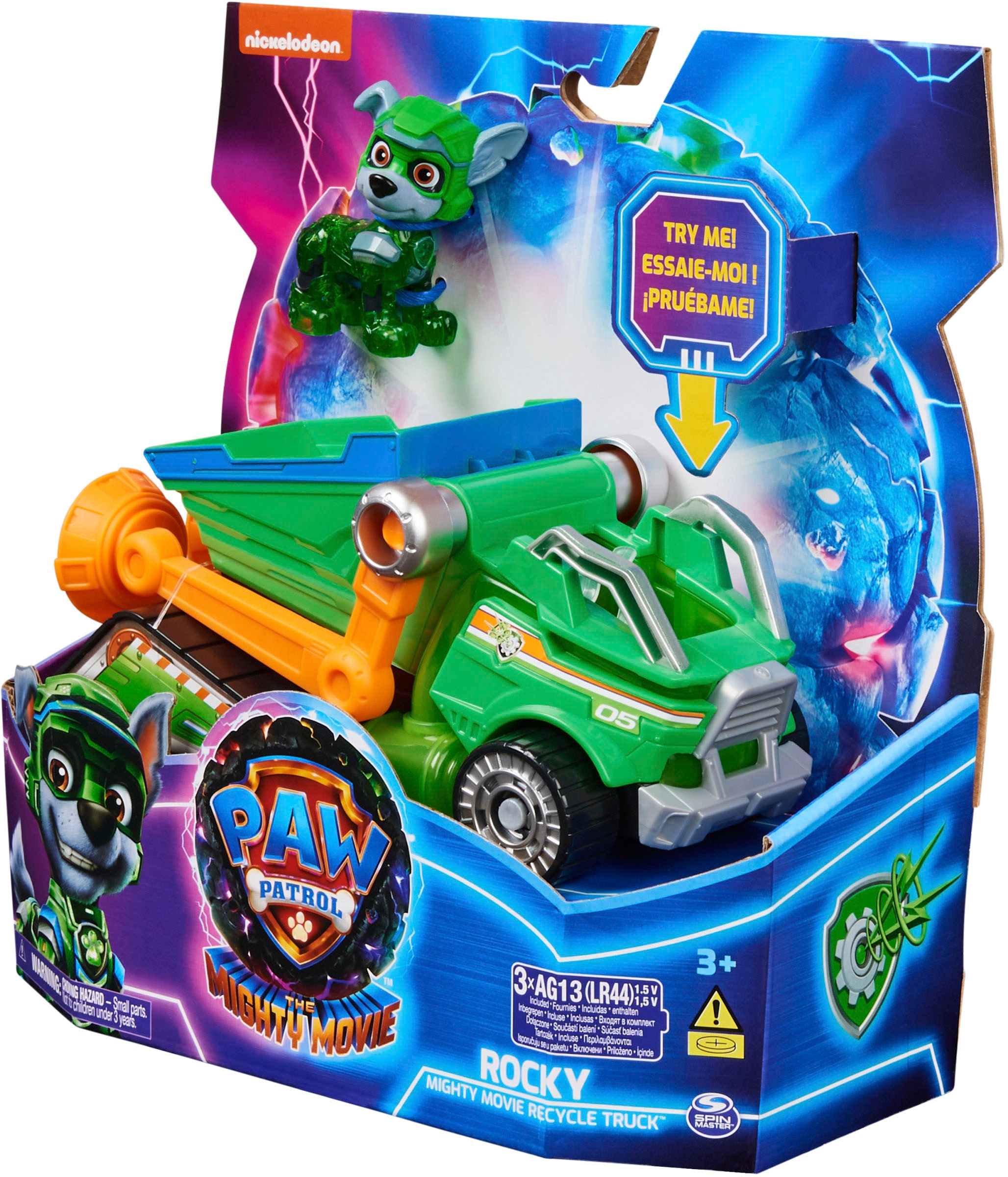 Spin Master Spielzeug-Auto »PAW und BAUR mit Rocky«, Licht- Welpenfigur, Superhelden-Basis-Fahrzeug | Der Mülltransporter von Soundeffekt Mighty Kinofilm: Patrol