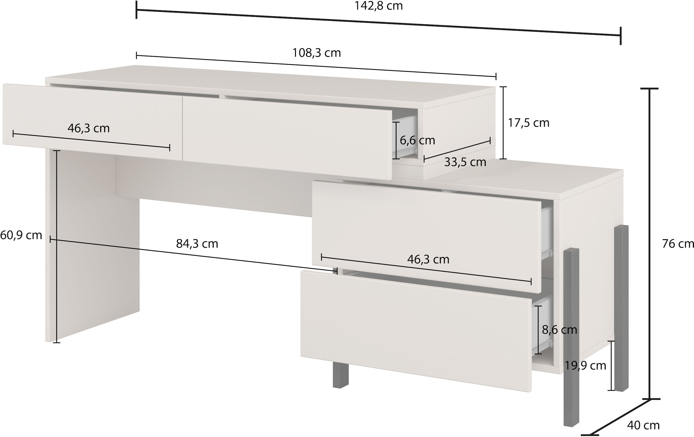 Home affaire Schminktisch »Jukon, Breite 143 cm, moderner Schminktisch«, Schminktisch, grifflos mit 4 SK