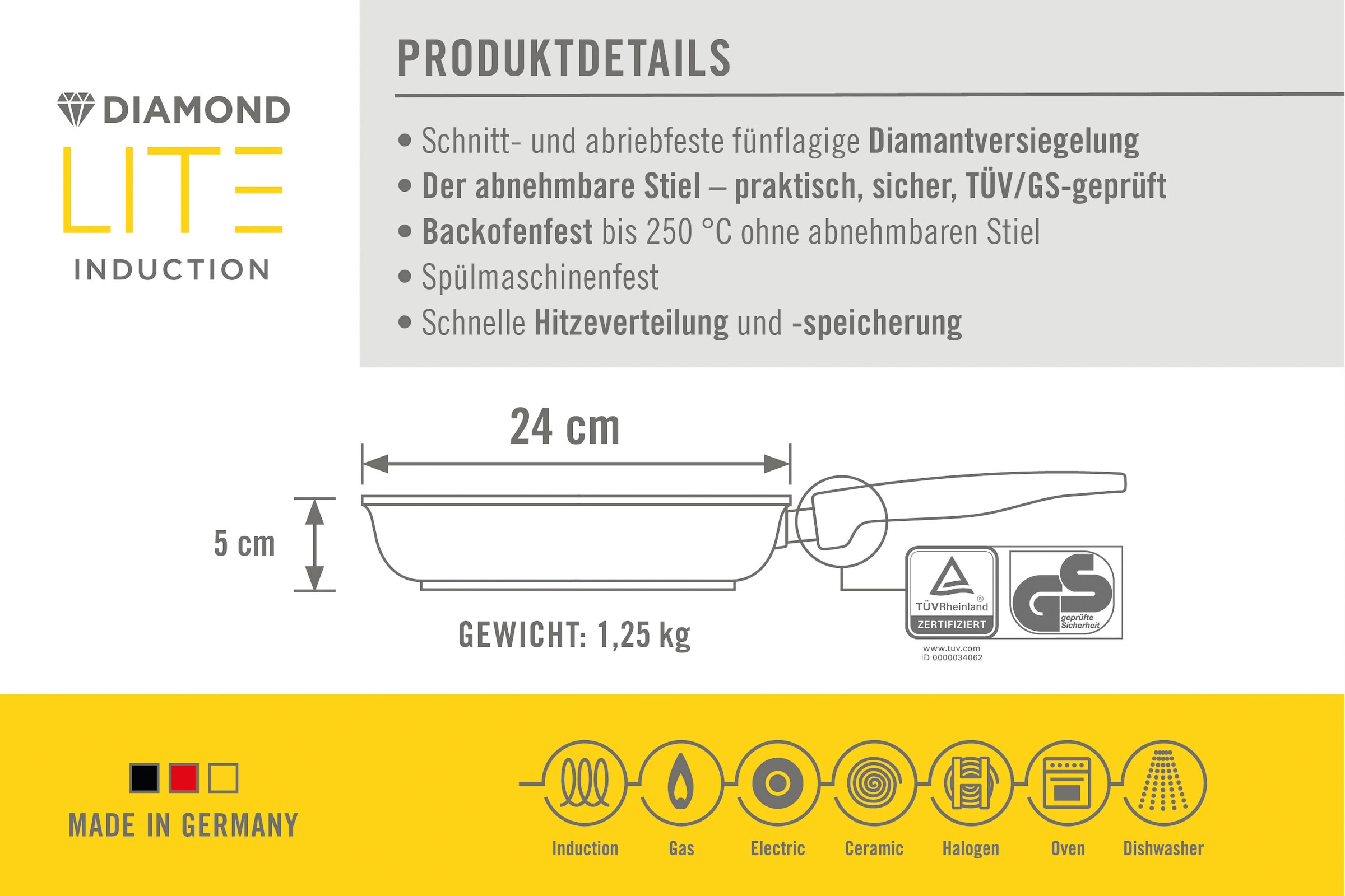 WOLL MADE IN GERMANY Bratpfanne »Diamond Lite«, Aluminium, (Set, 3 tlg.), Induktion, inkl. Pfannenwender, abnehmbarer Stiel, Made in Germany