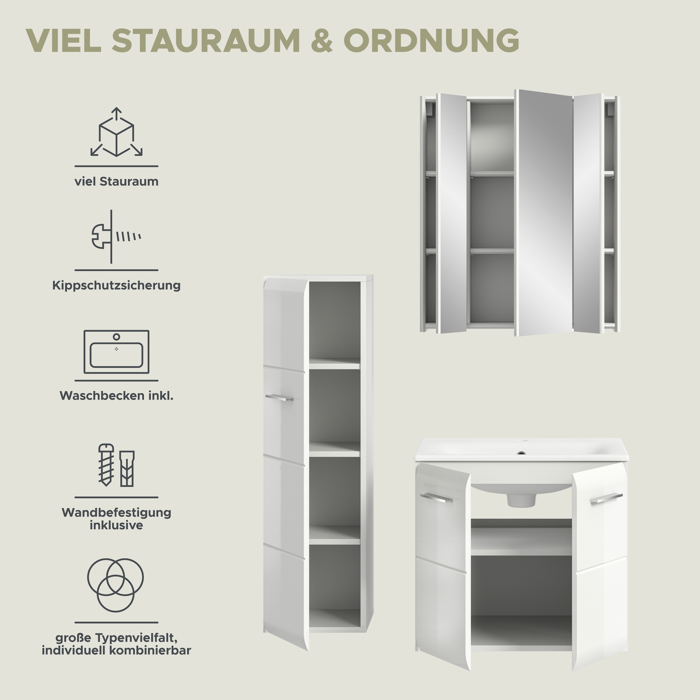 INOSIGN Badezimmer-Set, (Set, 4 St.), Florenz, Badkombination 4-tlg.,Weiß hochglanz, inkl. Waschbecken