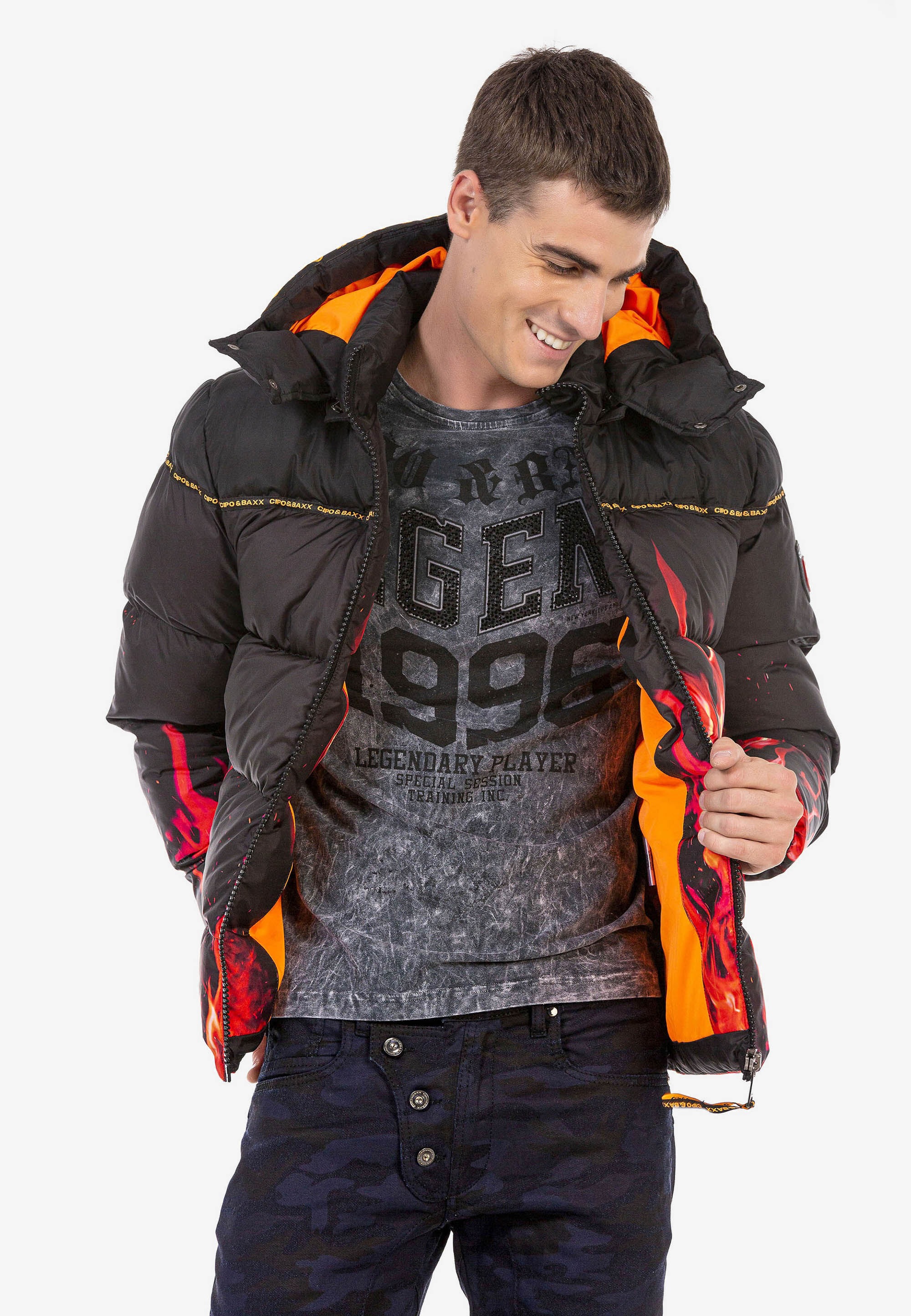Cipo & Baxx Winterjacke »Winterjacke«, mit Kapuze, mit Flammen-Motiv