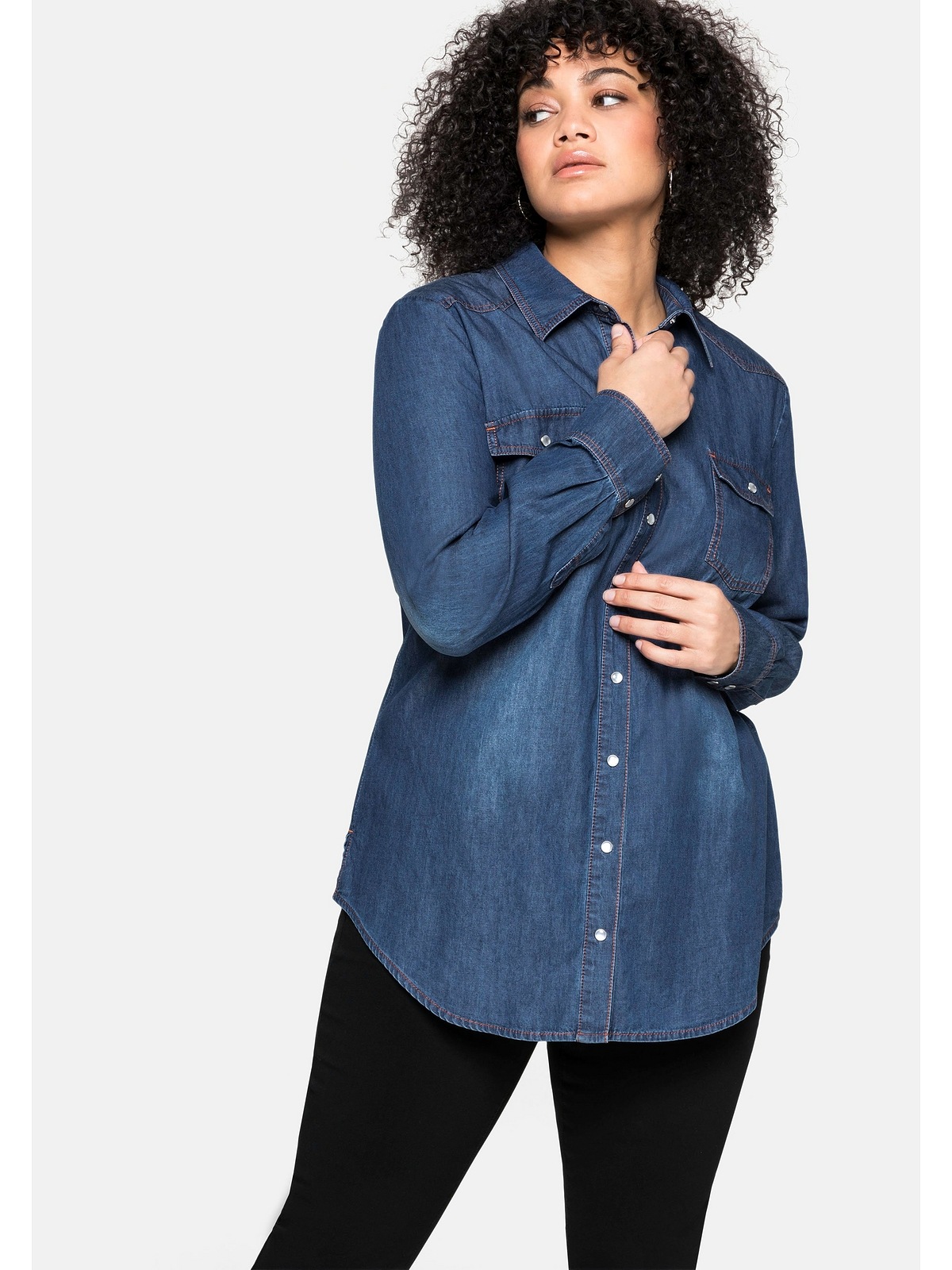 und »Große BAUR mit | Sheego Brusttaschen Knopfleiste Jeansbluse für bestellen Größen«,