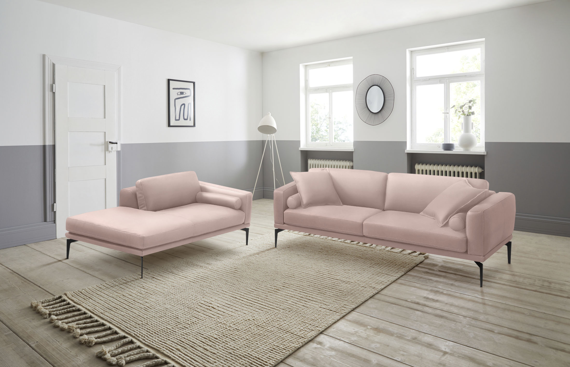 Egoitaliano Polstergarnitur "Masu, Design trifft sensationellen Sitzkomfort" Set besteht aus 2,5-Sitzer, freistehende Ottomane und 3 Rollkissen