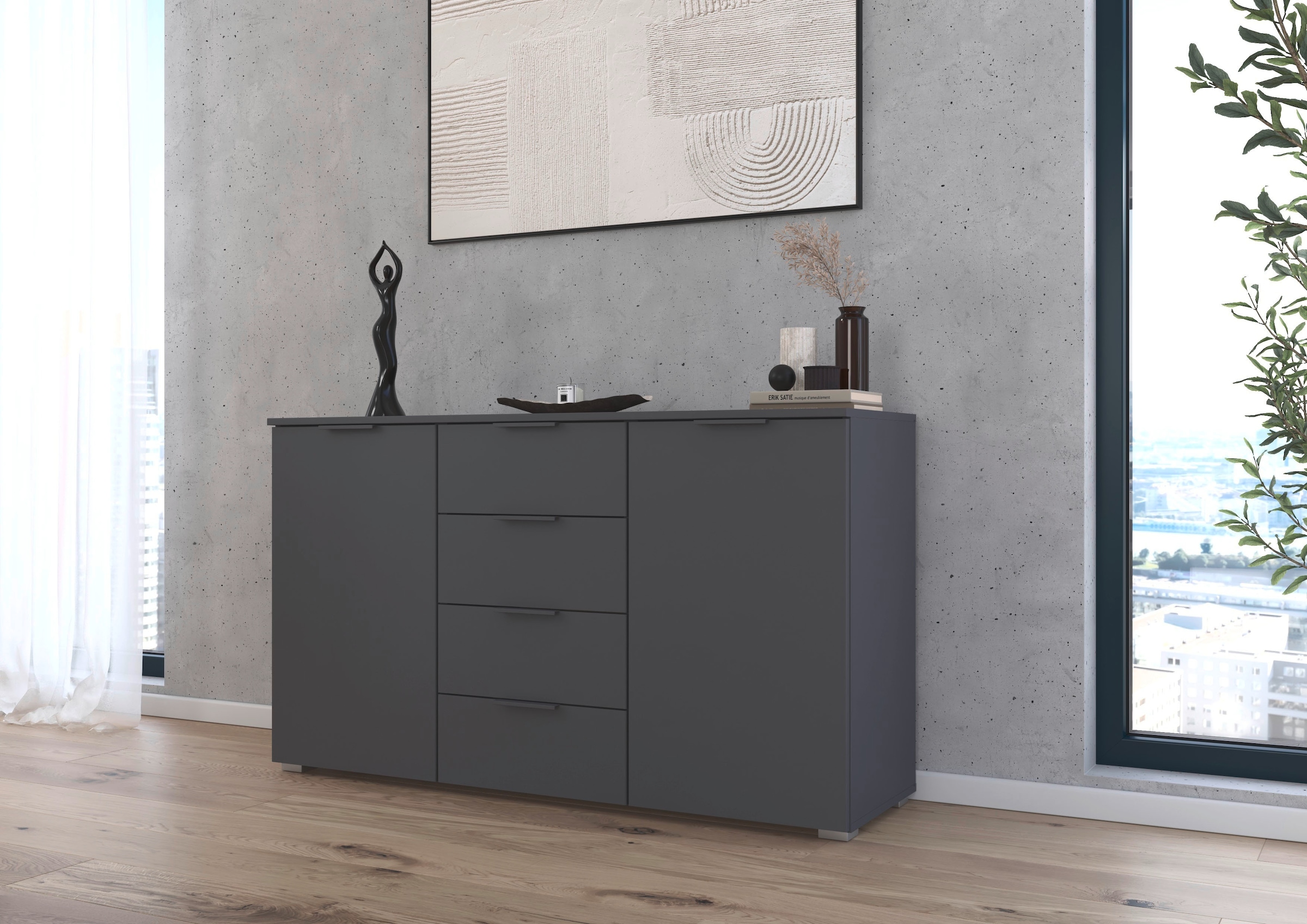 rauch Kombikommode »Sideboard Schubladenkommode AGORDO mit Dekor- oder Hochglanzfront«, (in zwei Griff-Farben), mit 4 Schubkästen und 2 Türen sowie Metallgriffen MADE IN GERMANY