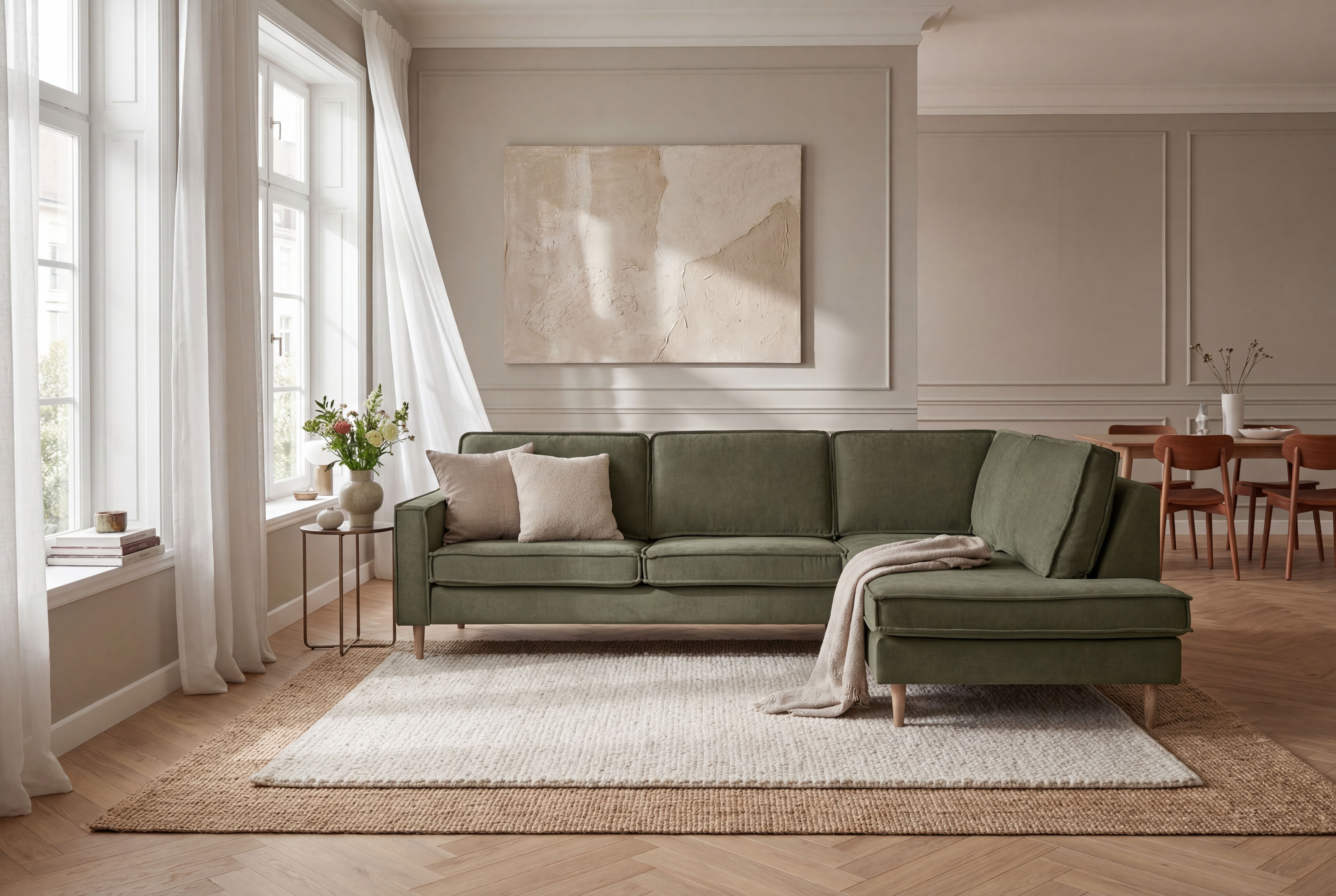 OTTO home Ecksofa "Pinto Skandi, 290 cm, Chenille, Struktur, Ottomane links / rechts" mit Keder, Massivholzfüße Eiche geräuchert, Wellenunterfederung