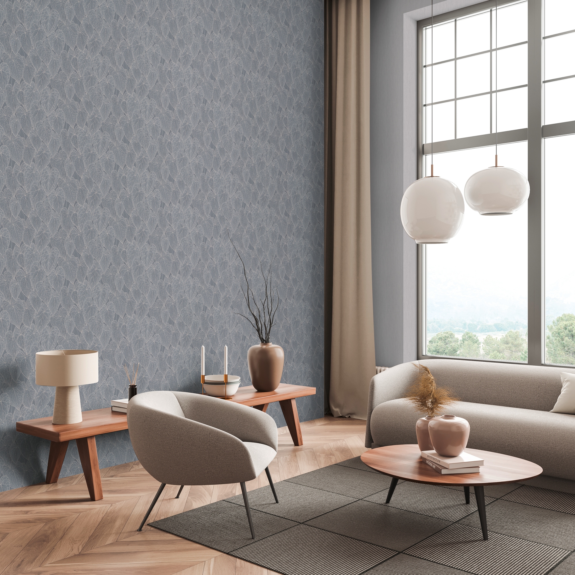 living walls "Tropen-Tapete - Blättermuster modern glänzend" leicht glänzend strukturiert Elegante Vliestapete mit tropischem Blättermuster