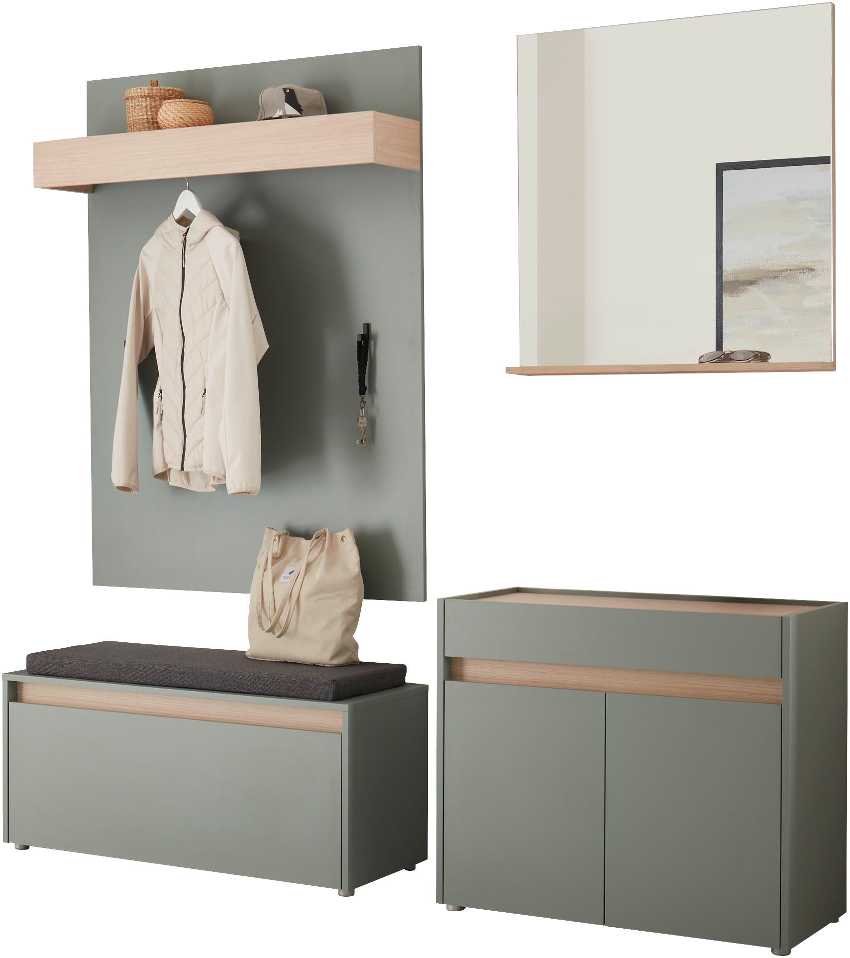 INOSIGN Garderoben-Set »GIRON/CiTY, moderne Garderobe, Komplettset mit viel Stauraum«, (Komplett-Set, 4 St.), enthält Kommode, Spiegel, Paneel & Schuhbank +Sitzkissen, 190 cm breit