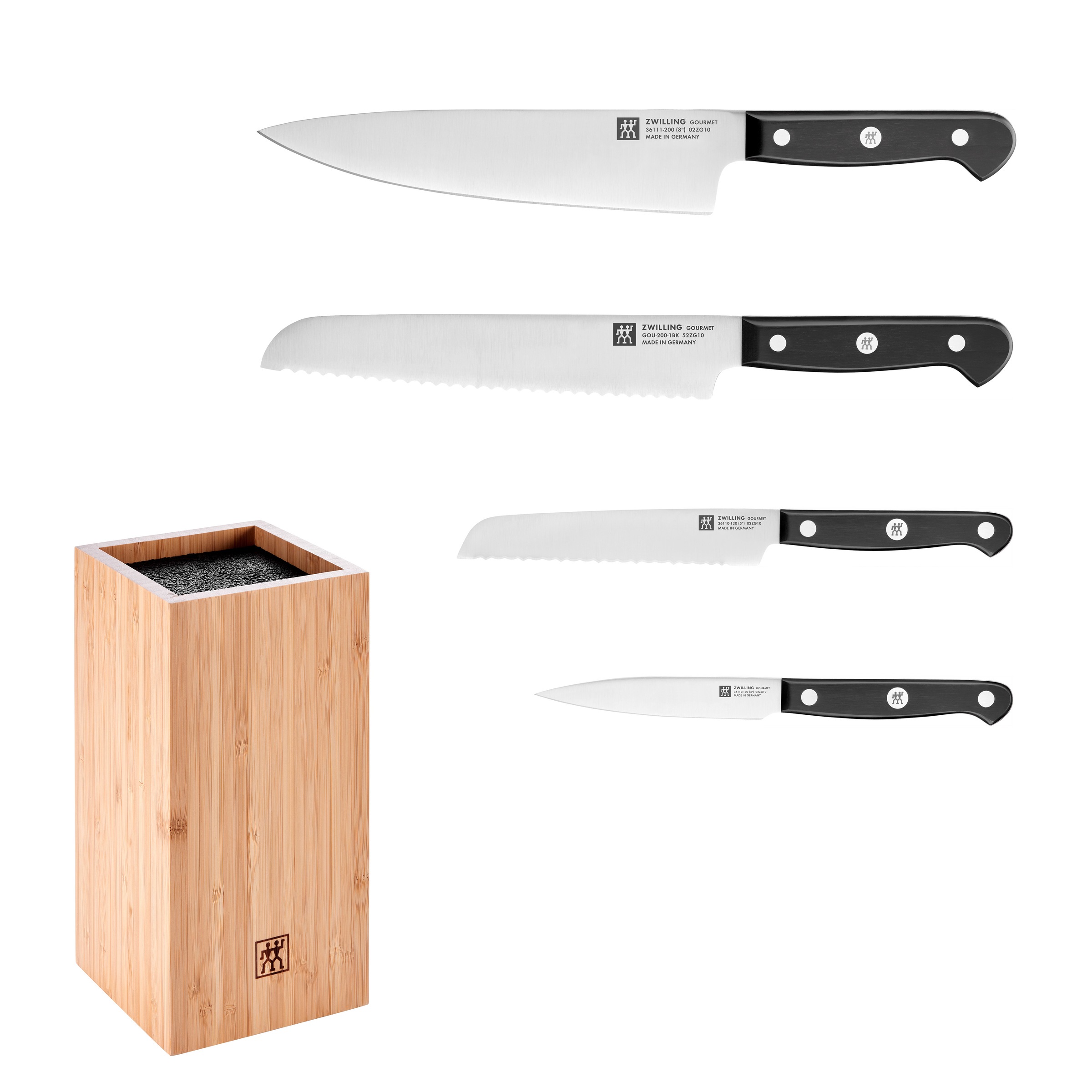ZWILLING Messerblock "Gourmet, inkl. 4 Messer", B:12cm H:24cm L:12cmbraun, Messerblöcke, mit flexiblen Kunststoff-Borsten, Bambus