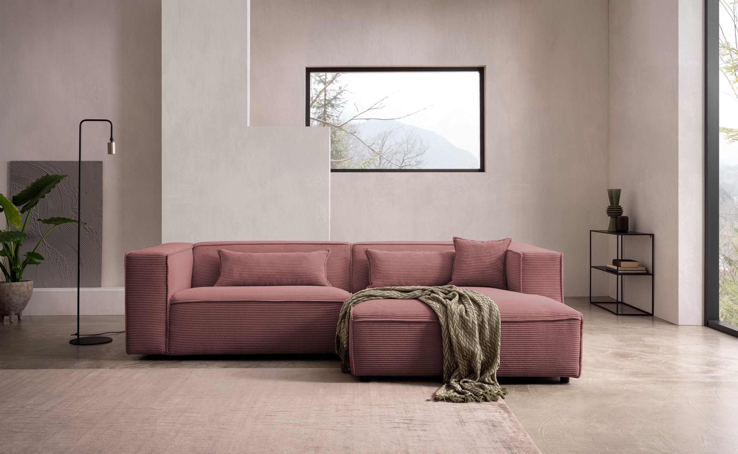 LeGer Home by Lena Gercke Ecksofa »PIARA mit Kedernaht in Cord oder Leinenoptik, moderne Couch in L-Form«, wahlweise Ottomane rechts/links, schwarze Füße, bequemer Sitzkomfort