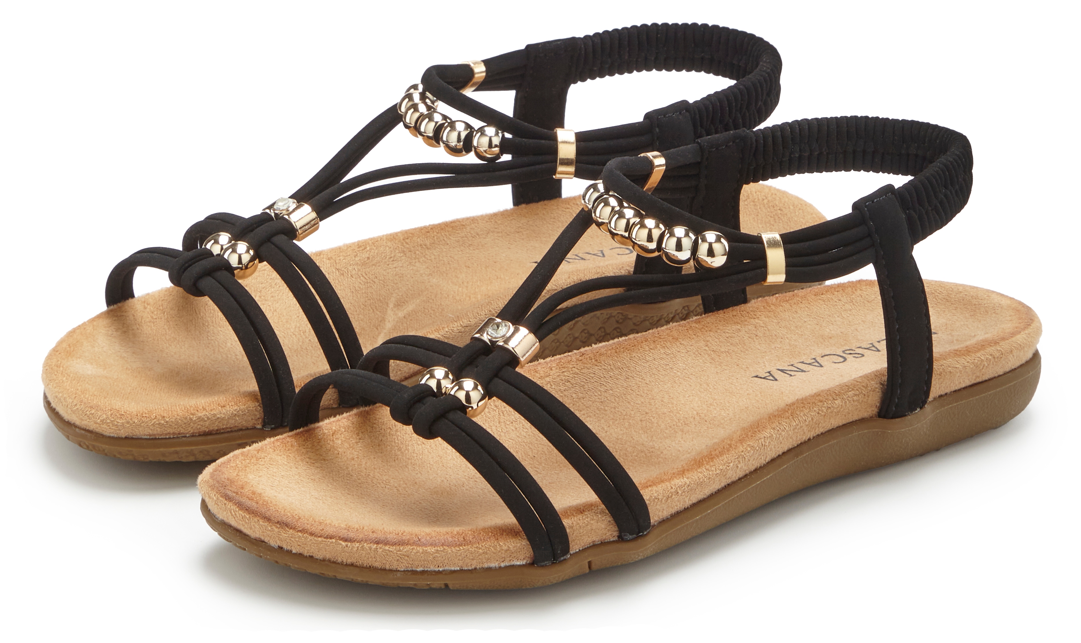 LASCANA Sandale "Sommerschuh, offener Schuh," NEU mit elastischen Riemchen und kleinen Perlenelementen VEGAN