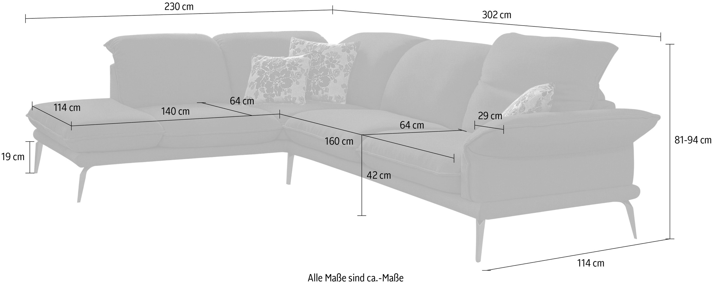 W.SCHILLIG Ecksofa »sherry«, Kopfstützenverstellung, Winkelfüße in Chrom glänzend, Breite 302 cm