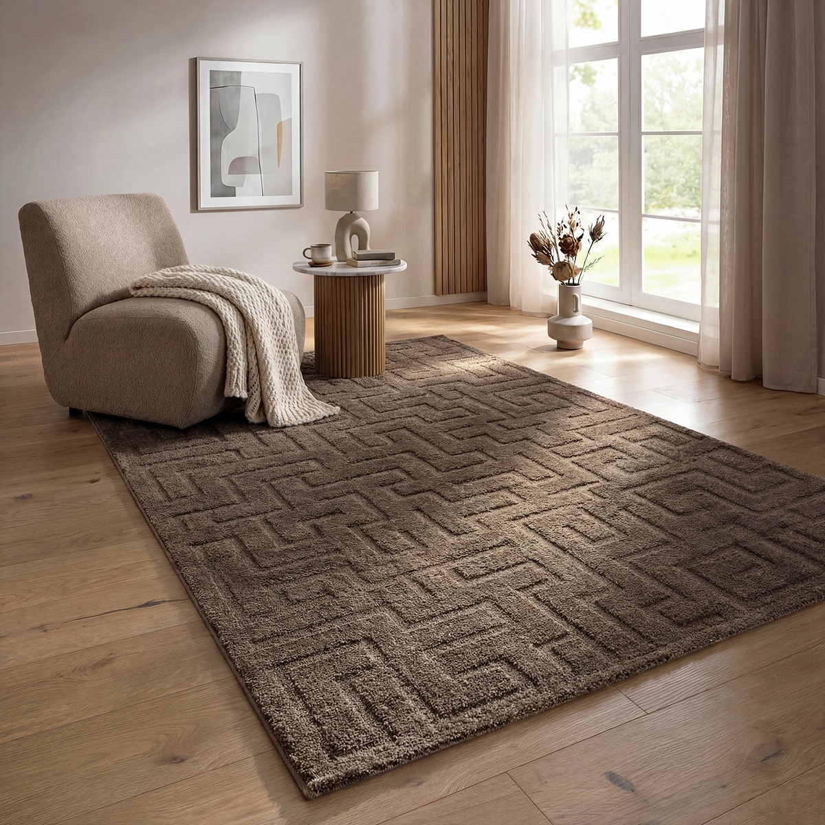 Designteppich THE CARPET, B:140cm H:15mm L:200cm, braun, Polyester, Polypropylen (PP), Teppiche, "Elisa", mit klaren geometrischen Formen und Linien