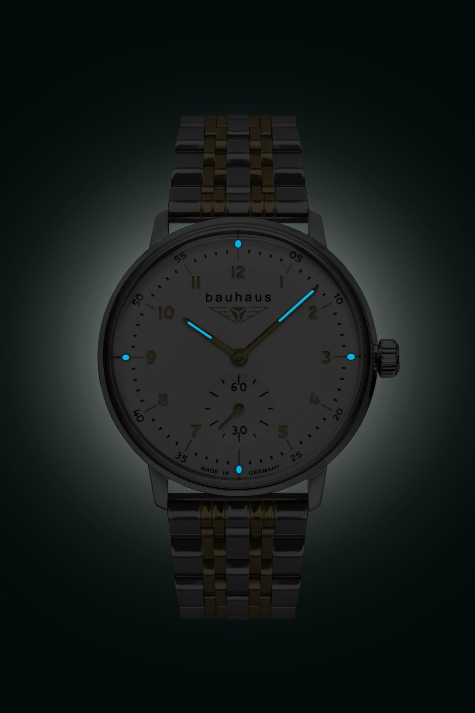 bauhaus Quarzuhr, Armbanduhr, Damenuhr, Leuchtzeiger, Edelstahlarmband, Made in Germany