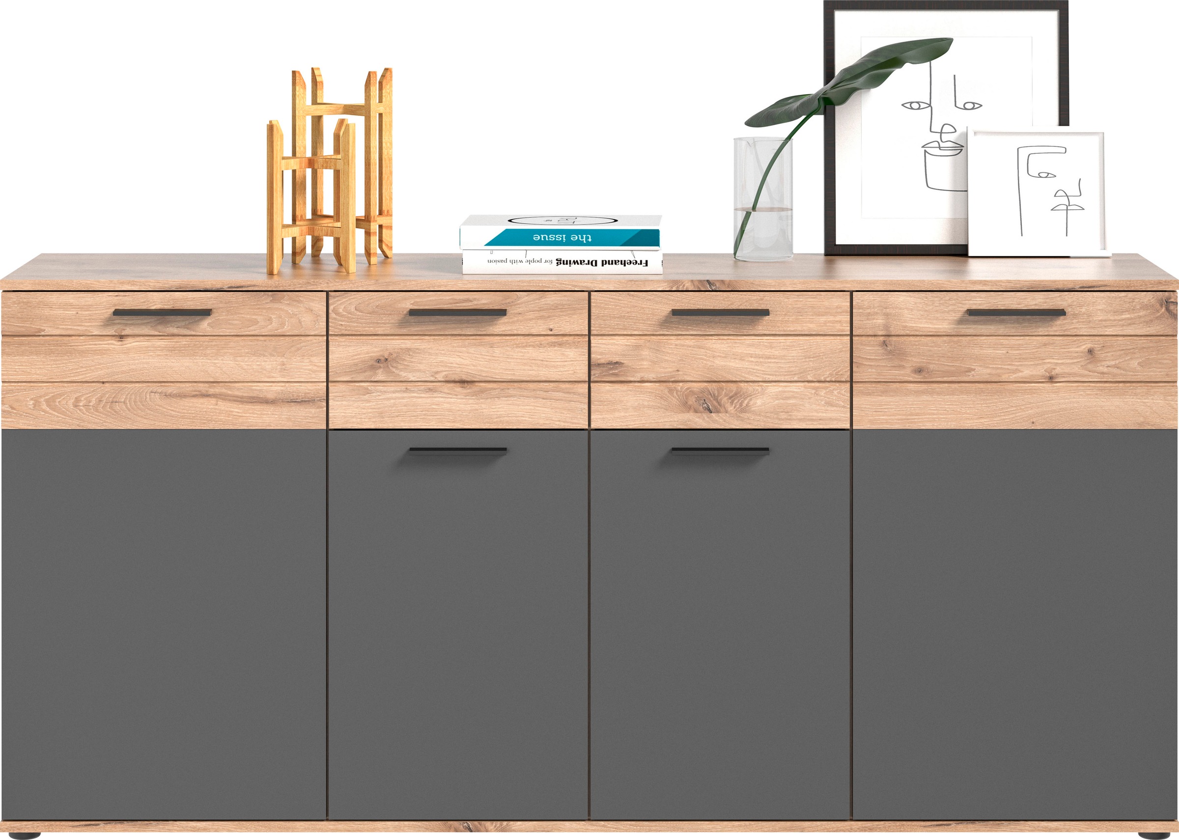 Thumbnail - Home affaire Sideboard "Riga, Breite 180cm, 4 Türen, 2 Schubkästen, 6 Einlegeböden, 10 Fächer" hochwertige Rillenfräsung...