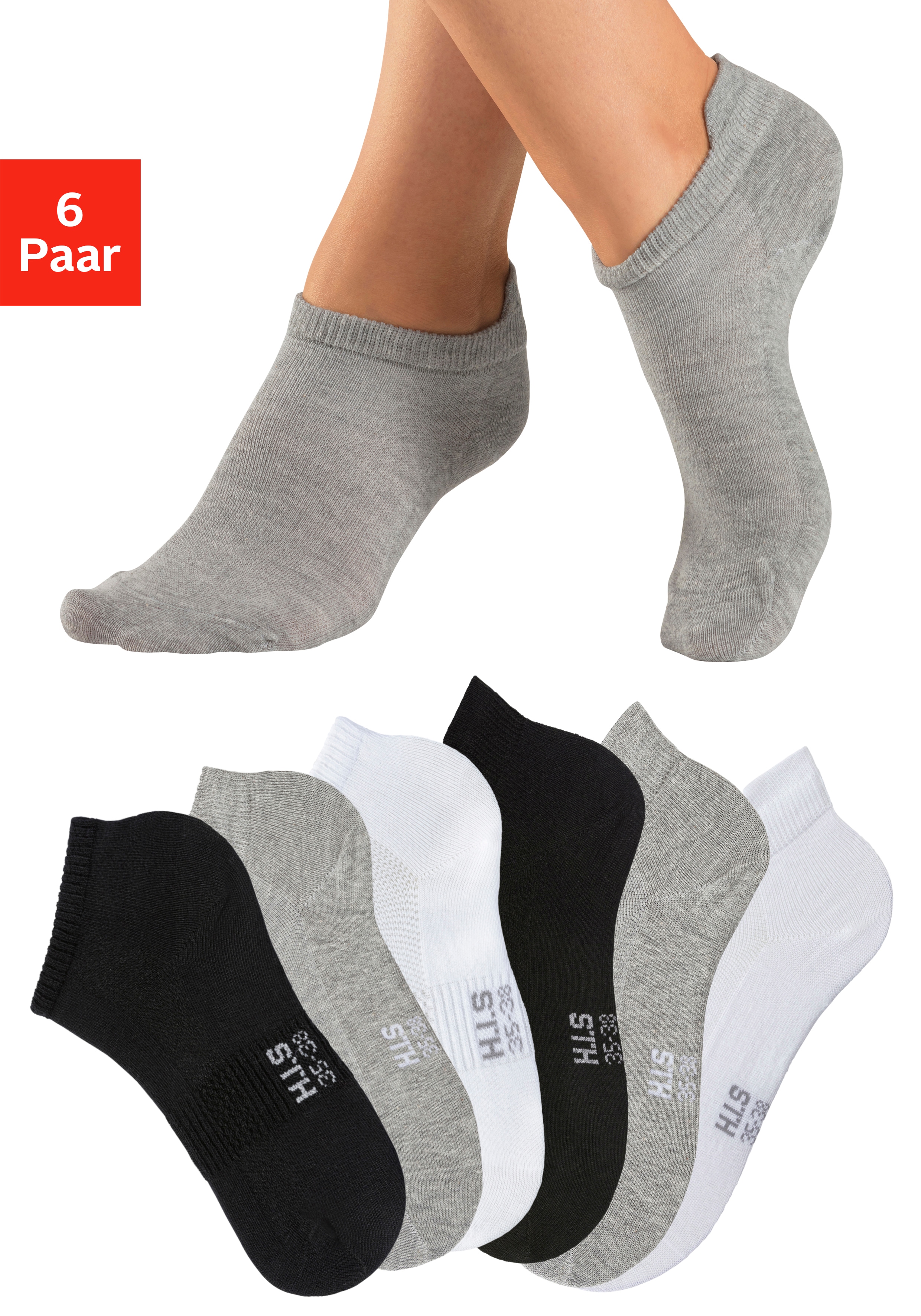 H.I.S Sportsocken "Damen Herren Kurzsocken und Sneakersocken in einem Pack" Packung, 6 Paar tlg. weicher Baumwollmix mit verstärkter Ferse und Spitze