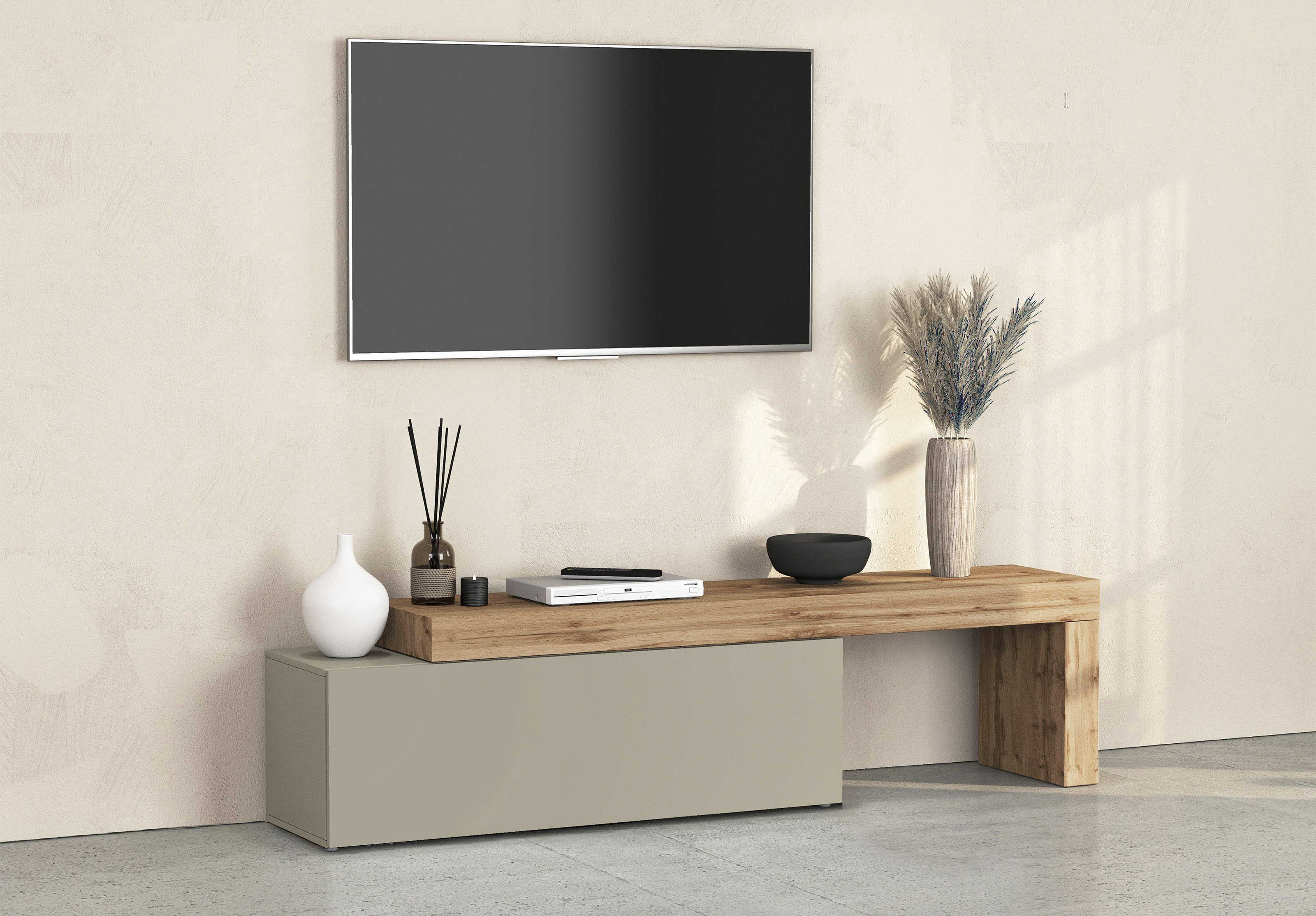 OTTO home Lowboard "Lowboard Chronos TV-Board, TV-Schrank" Spar-Set, Breite verstellbar von 180 bis 290 cm, 1 Stk. tlg. Breite 240 cm TV-Board,Lowboard,1 Klappe und ein L-Förmiger Aufsatz