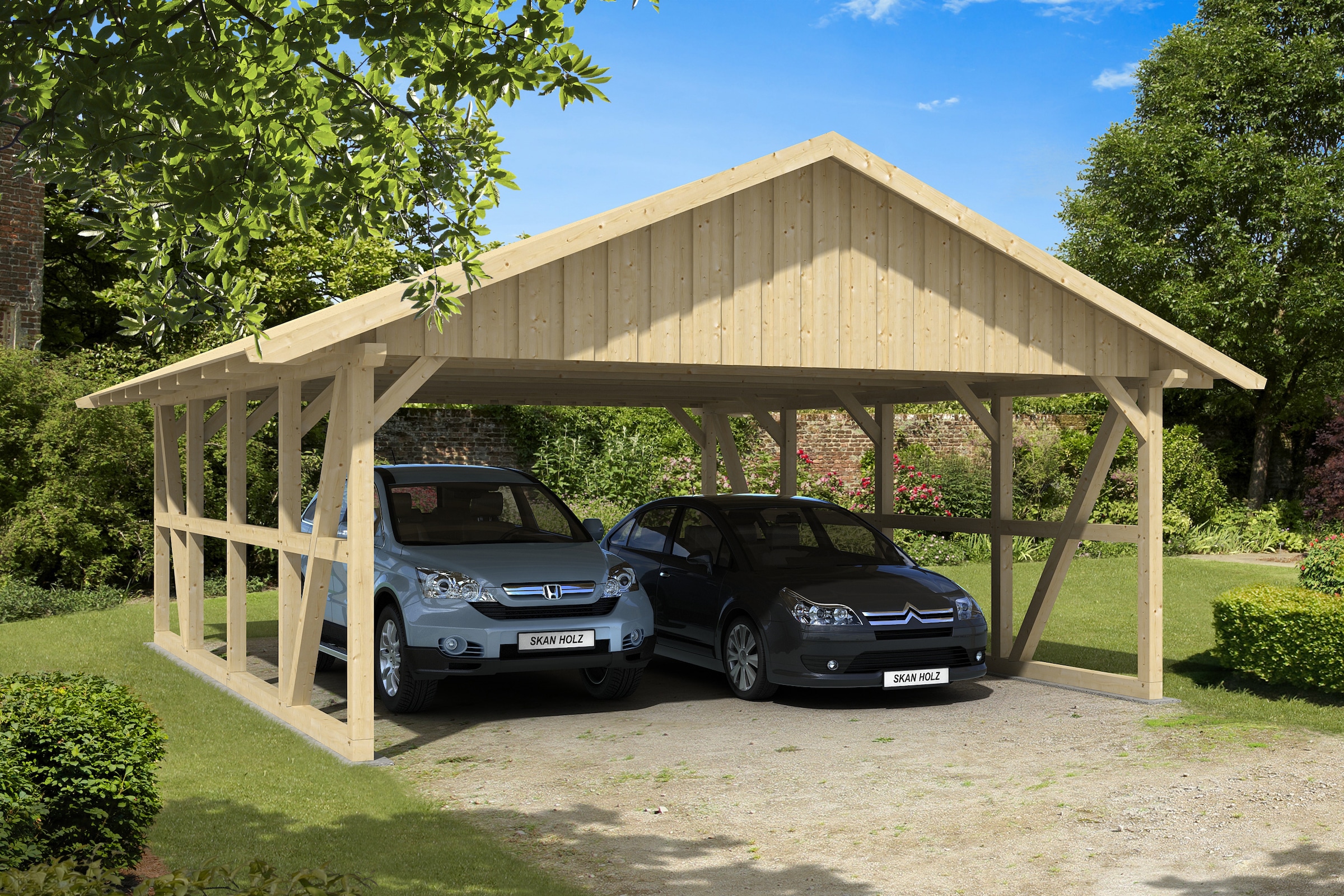 Skanholz Doppelcarport »Schwarzwald«, KVH-Fichte, 560 cm, Natur, mit Dachschalung