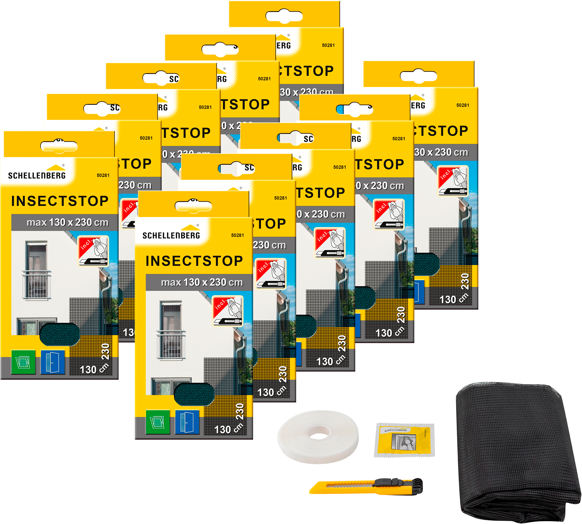 SCHELLENBERG Fliegengitter-Gewebe "für bodentiefe Fenster und Türen", B/H: 130cm x 230cm, 10er Pack, weiß, Insektenschutzgitter, Insektenschutz ohne