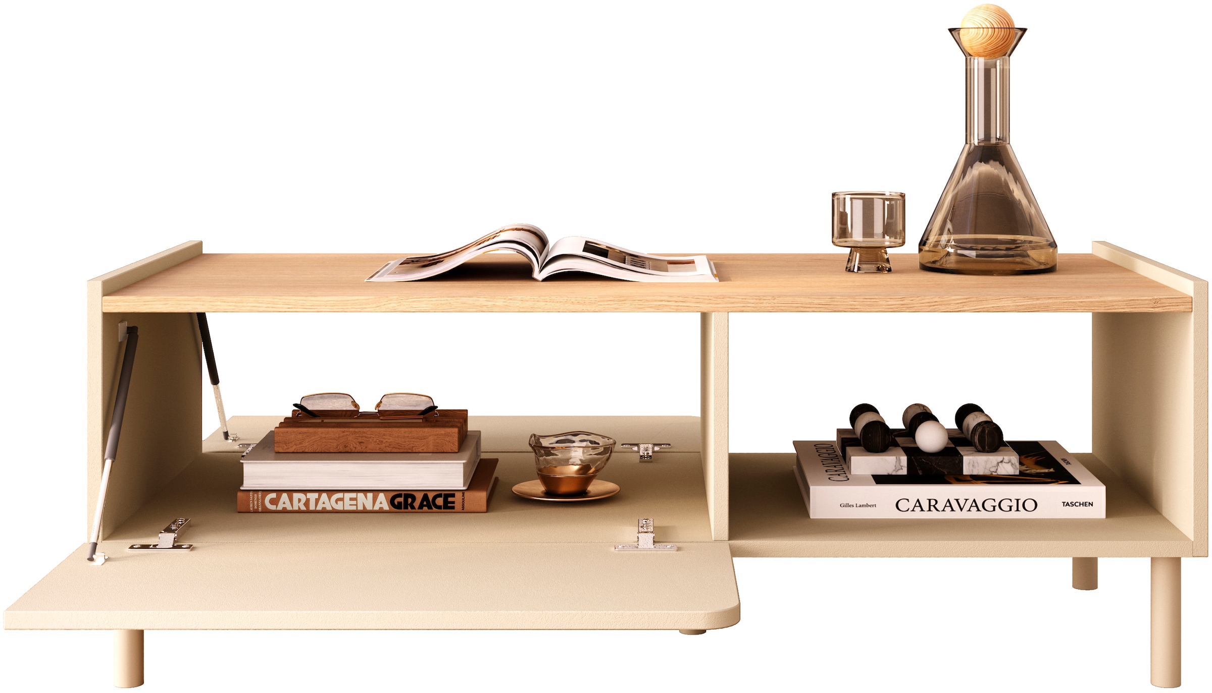 OTTO home Couchtisch »Dobbiaco 112x54 cm Korpus-Couchtisch, 2 Klappen, offenes Fach« Rechteckiger Wohnzimmertisch mit flexiblem Stauraum & Metallfüßen
