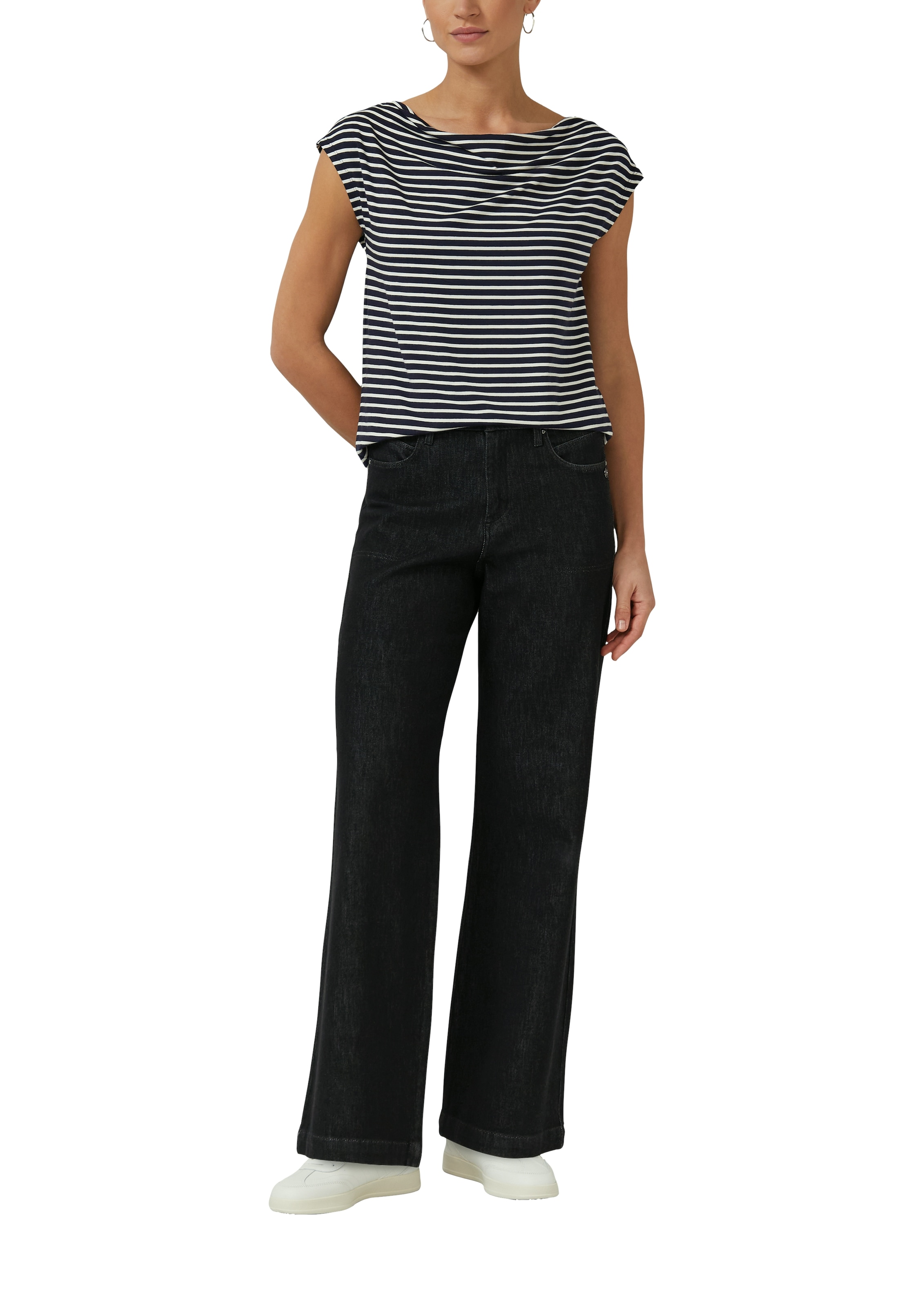 s.Oliver BLACK LABEL T-Shirt mit Wasserfallausschnitt und Streifen-Design