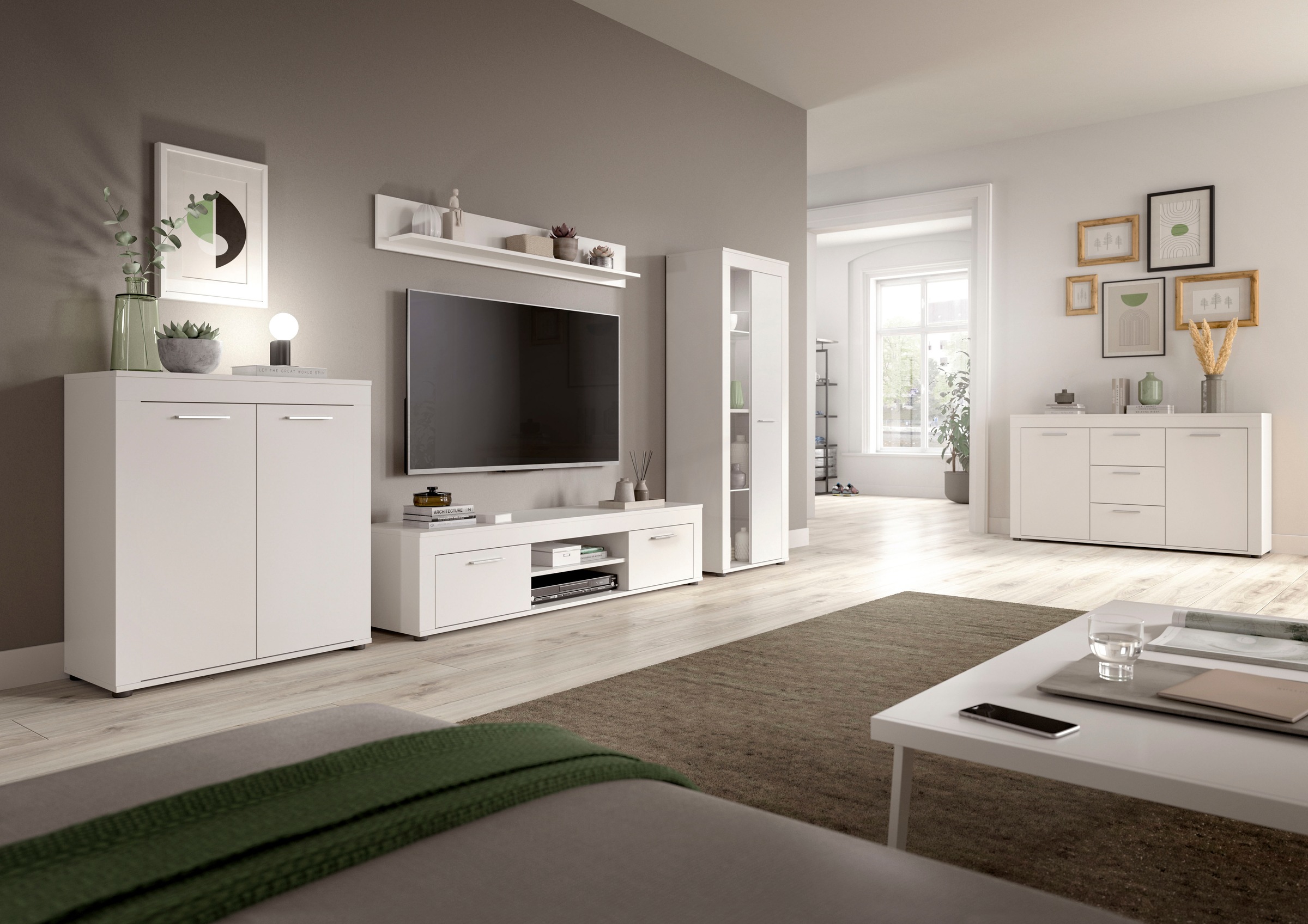 INOSIGN Wohnwand »Aosta, 4-tlg., best. aus: Highboard, Lowboard, Wandboard & Vitrine«, (4 St.), Wohnwand, Kombination, Anbauwand, Möbel Set, Schrankwand, Möbel Kombi