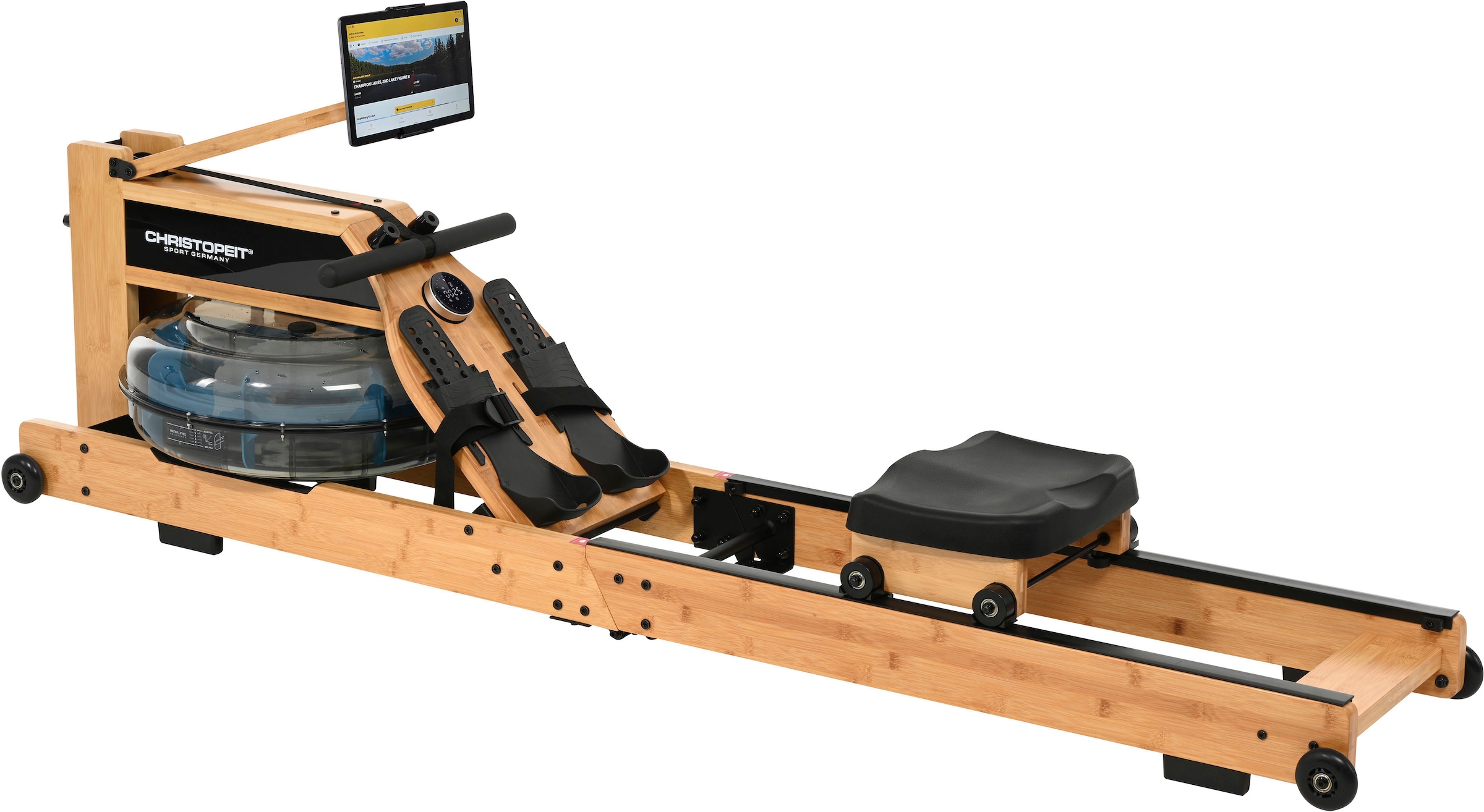 Rudergerät "Wasserrudergerät Colorado", ohne Unterlegmatteholzfarben, schwarz, CHRISTOPEIT SPORT, Rudergeräte, kompatibel mit Kinomap- App