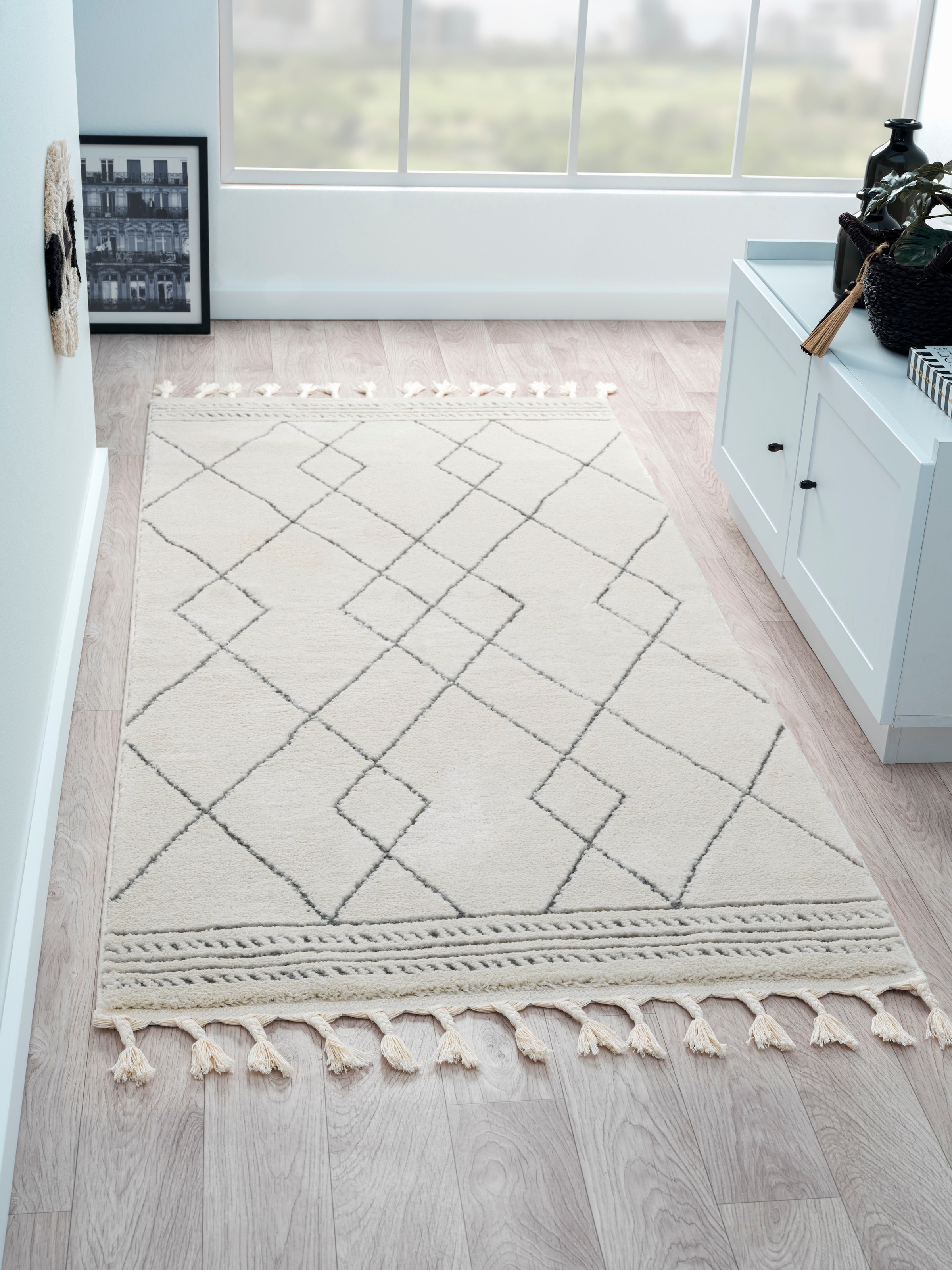 Hochflor-Teppich "Moroccan Design, LAGERRÄUMUNG", grau (weiß, grau), B:100cm H:24mm L:200cm, Polyester, Polypropylen (PP), MYFLAIR MÖBEL & ACCESSOIRES, Teppiche, Fransenteppich, modern, marokkanisches Design, Rauten Muster, weich, mit Fransen
