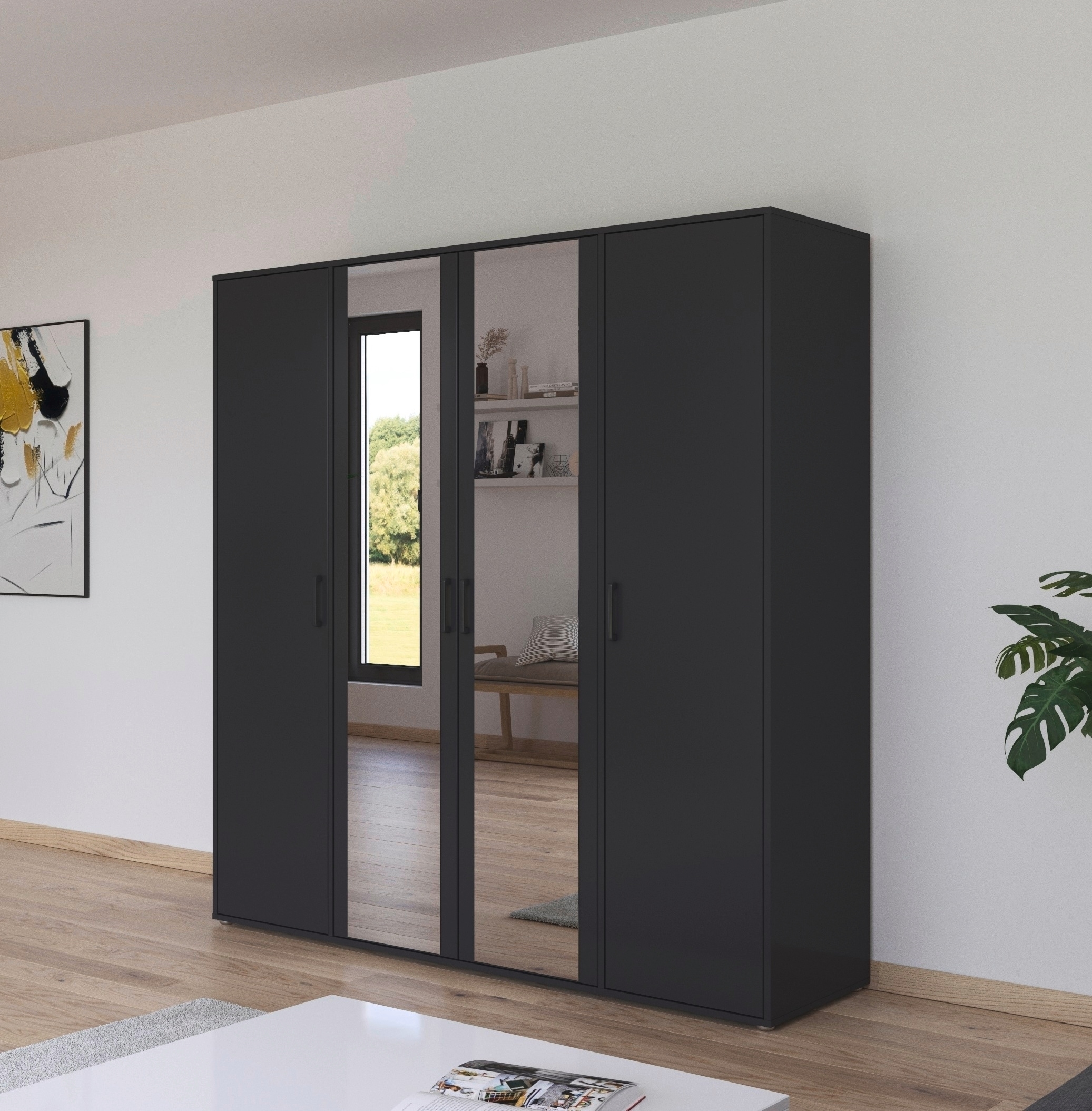 rauch Drehtürenschrank »Kleiderschrank Schrank Garderobe Wäscheschrank VOYAGER«, (in 3 verschiedenen Ausstattungen BASIC/CLASSIC/PREMIUM), mit modernen Griffen in Graumetallic und Spiegel