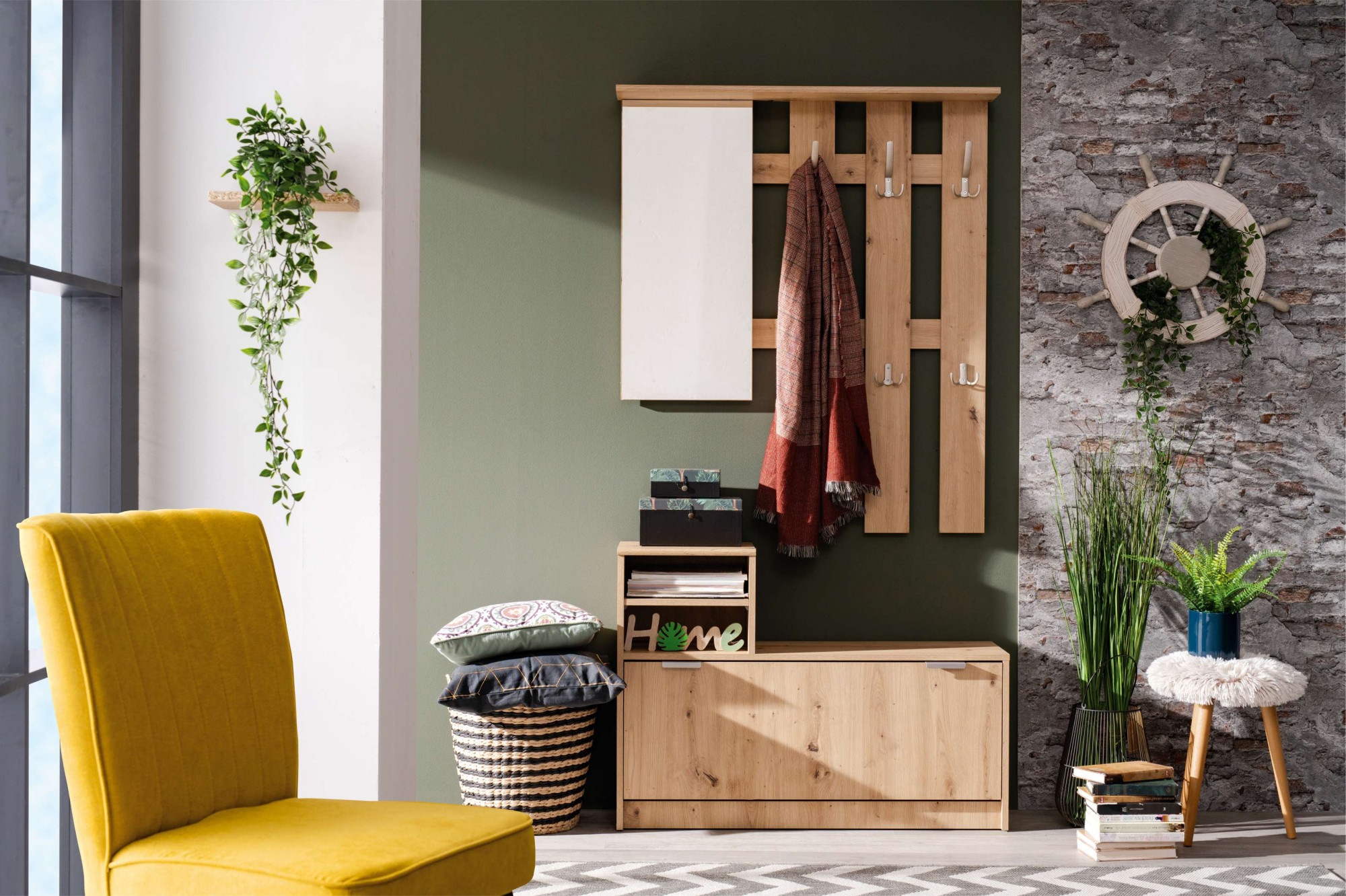 INOSIGN Garderoben-Set »Ravenna Flurgarderobe, Dielenschrank, Kompaktgarderobe, Breite 100 cm«, (Komplett-Set, 2 St.), inkl. Schuhschrank und Garderobenpaneel, mit Klapptür, Spiegel, Haken