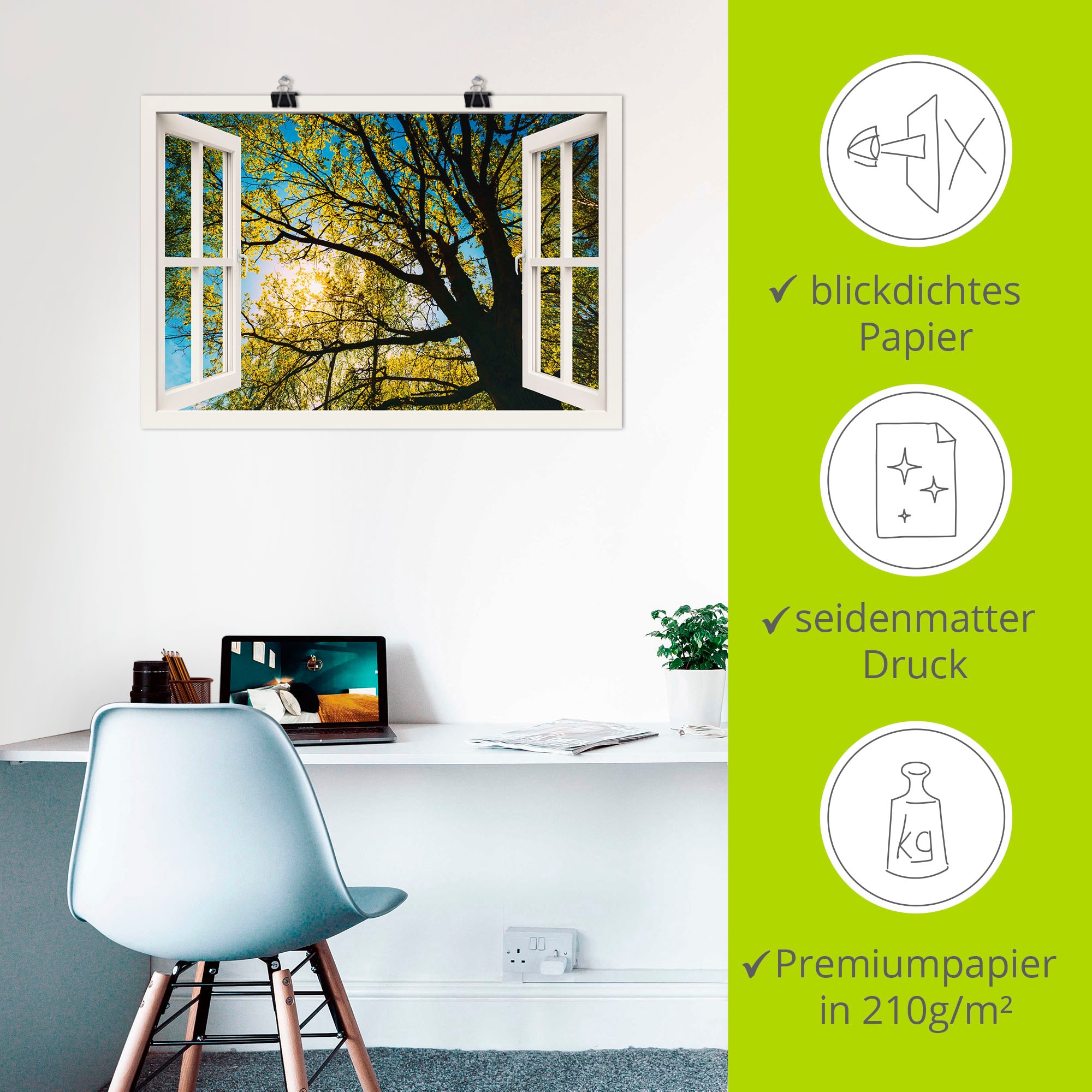 Artland Wandbild »Fensterblick Frühlingssonne Baumkrone«, Bäume, (1 St.), als Leinwandbild, Poster in verschied. Größen