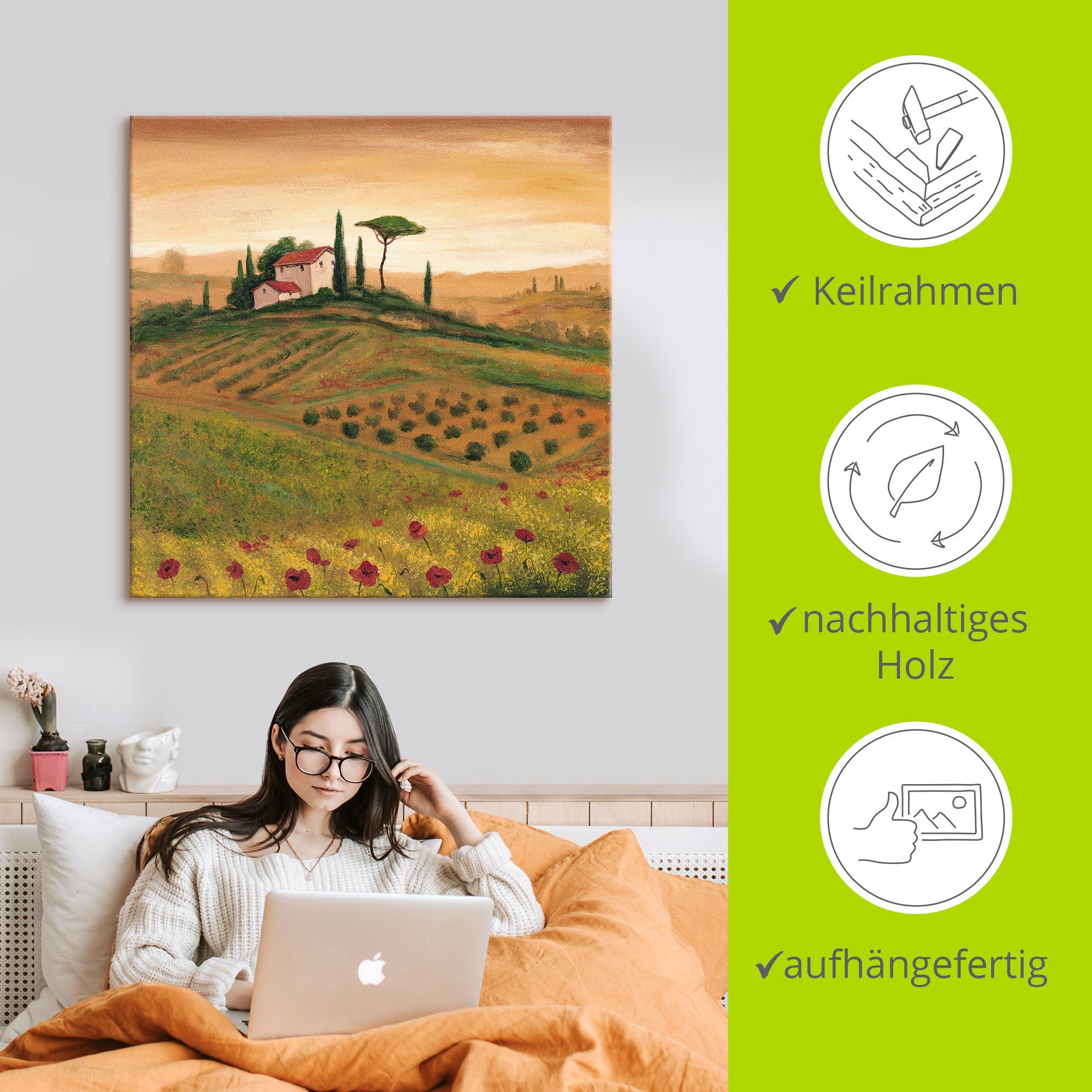 Artland Leinwandbild »Toskanalandschaft mit Mohnblumen I«, Bilder von Europa, (1 St.), auf Keilrahmen gespannt
