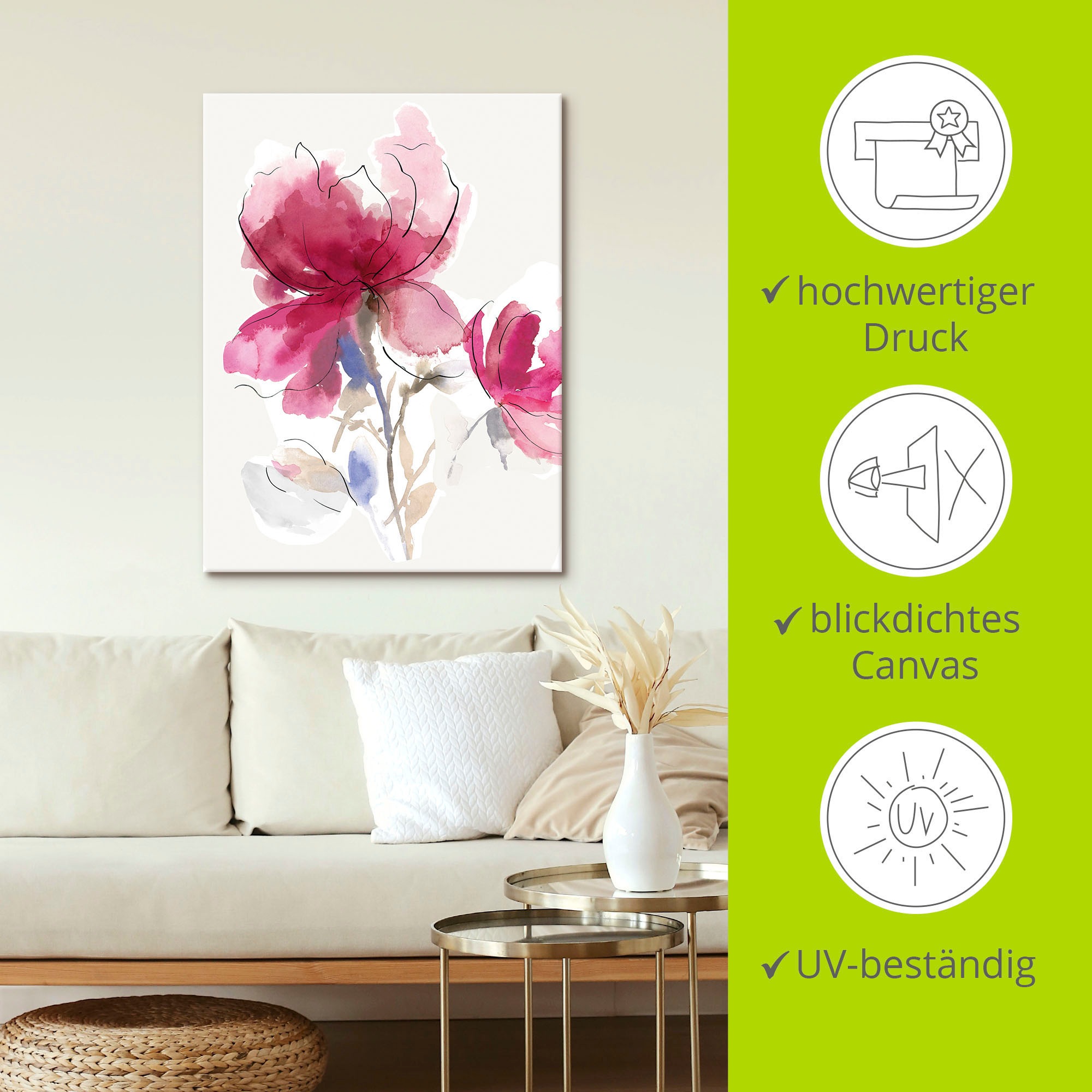 Artland Wandbild »Rosige BAUR kaufen (1 Größen Blüte versch. als I.«, St.), oder | Blumenbilder, Leinwandbild, Wandaufkleber Poster Alubild, in