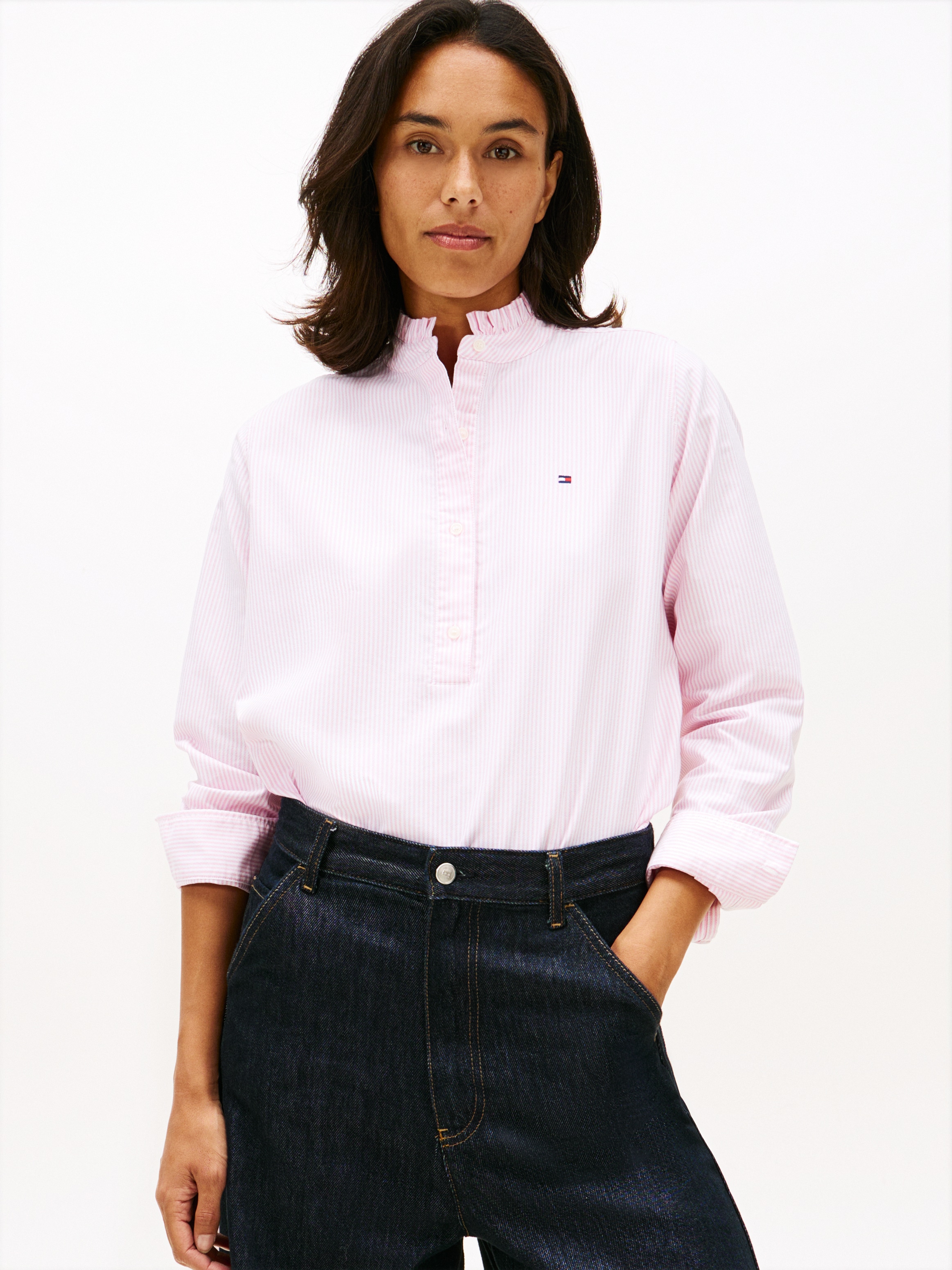 Tommy Hilfiger Langarmbluse "OXFORD RUFFLE NECK SHIRT" günstig online kaufen