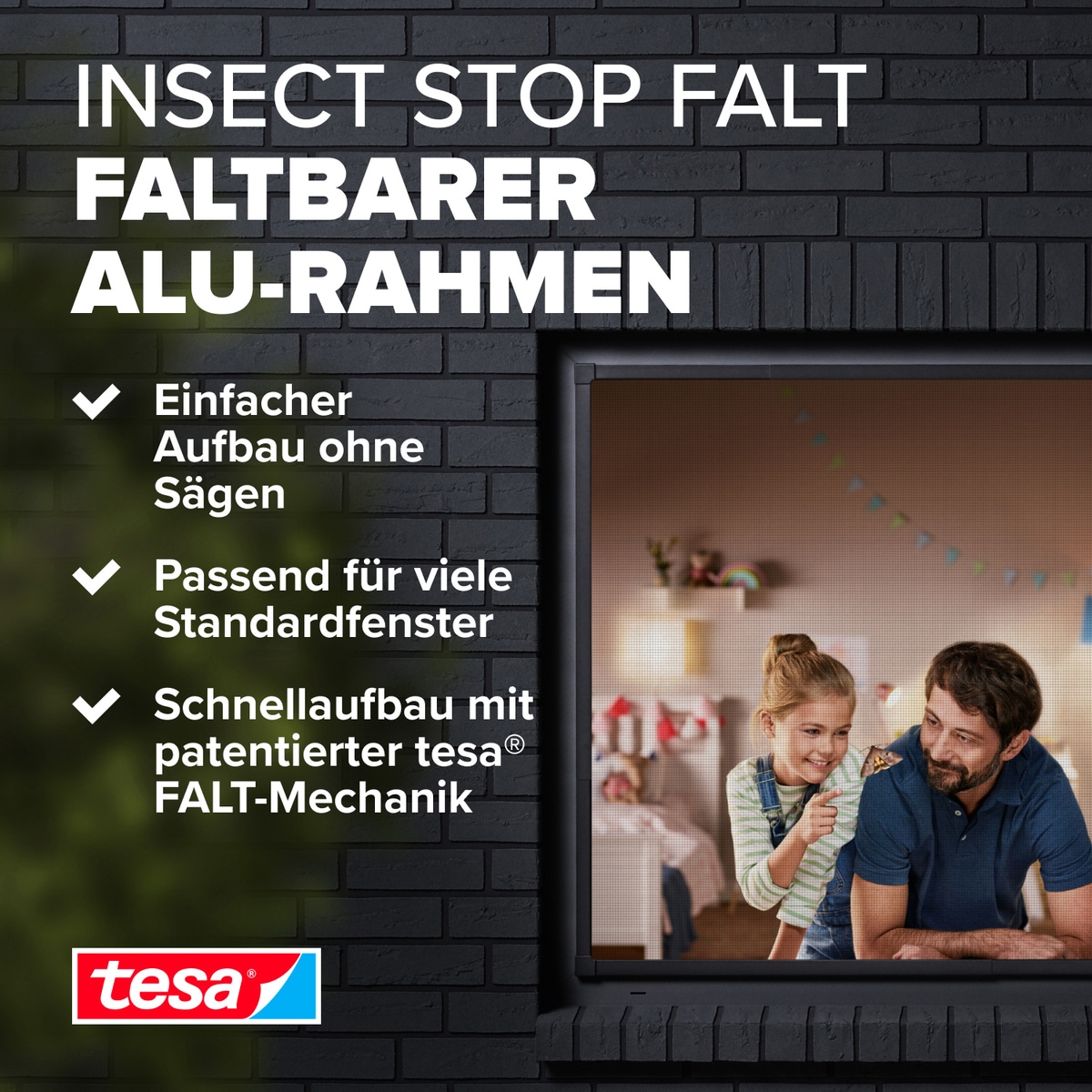 tesa Insektenschutz-Fensterrahmen »Insect Stop Falt Fliegengitter für Fenster - min 0,8 m bis max. 1,4 m«, Mückenschutz-verstellbarem Rahmen aus Aluminium-ohne bohren