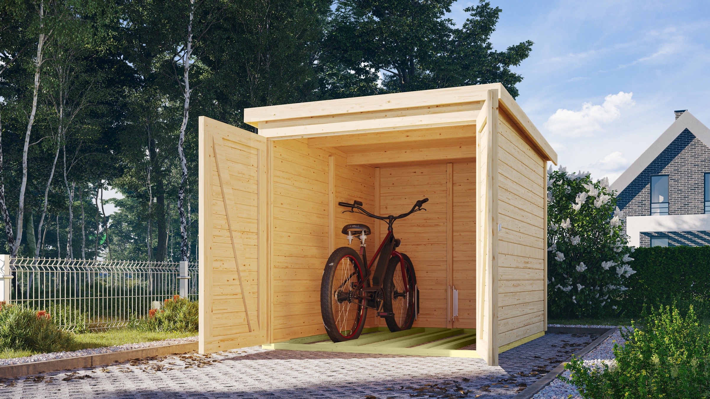 Fahrradbox KARIBU, B:162,5cm H:167cm T:216,5cm, beige, Holzwerkstoff, Garten, Aufbewahrungsboxen, "Fahrradgarage mit Einschub und Halterung für bis